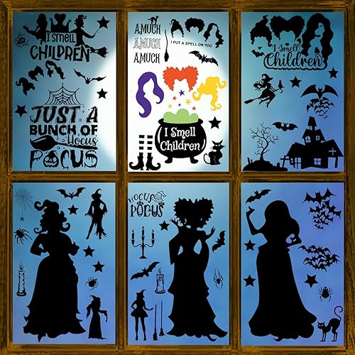 Decoraciones de Hocus Pocus, calcomanías de ventana de Halloween, 9 hojas, 91 piezas de calcomanías de Hocus Pocus de doble cara, calcomanías de