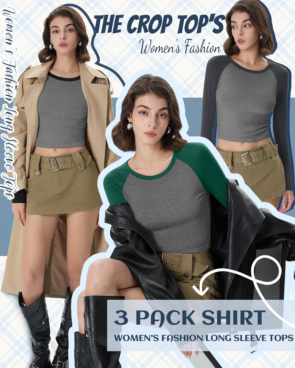 Huukeay 3 Pcs Women Raglan Long Sleeve Crop Tops Color Block Baseball Shirt Y2k Going Out Top - Image 6