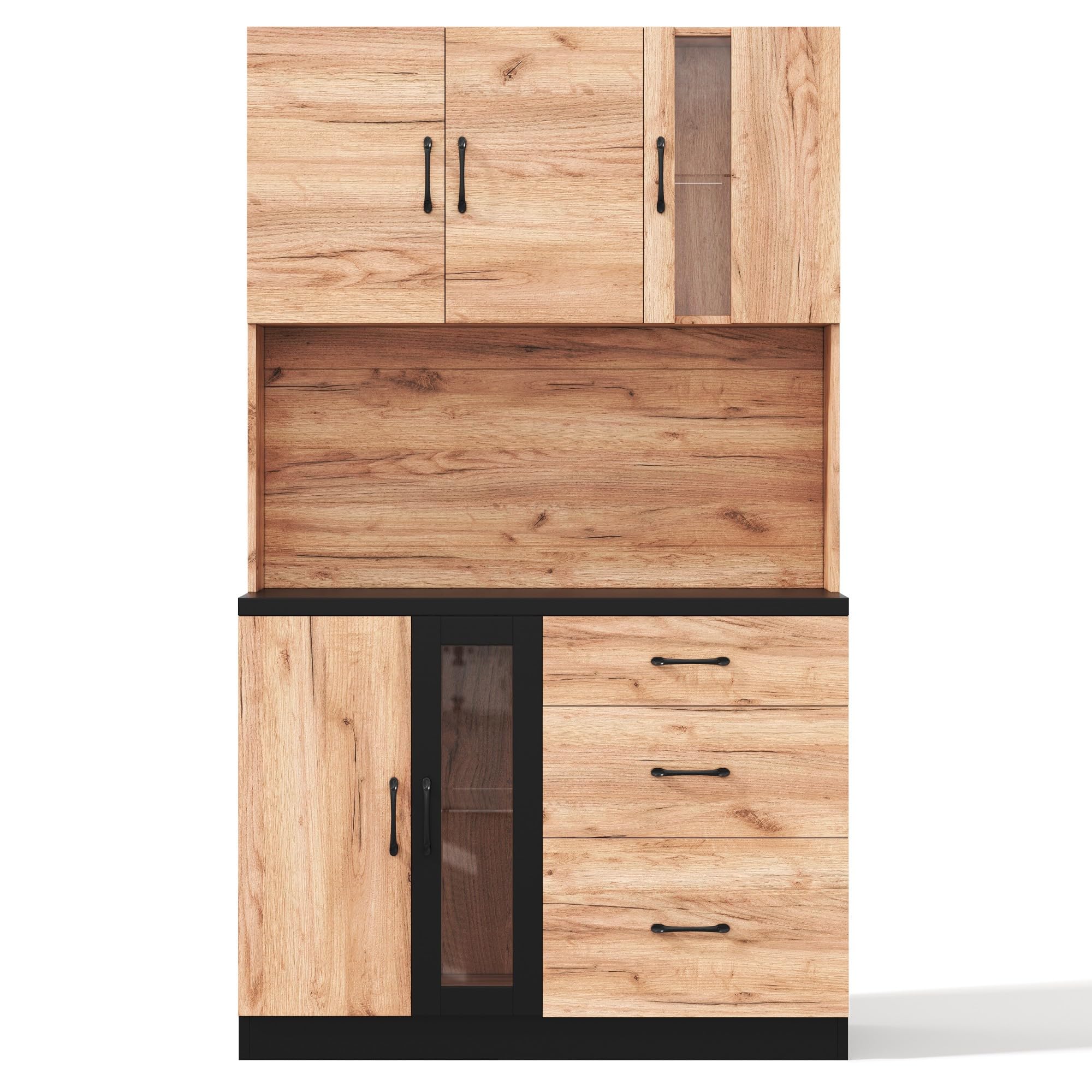 105 x 40 x 180 cm, moderno mobile da cucina, nero e effetto legno con illuminazione a LED, ripiani regolabili e presa in stile euro, adatto per cucine, sala da pranzo, soggiorno, ecc.