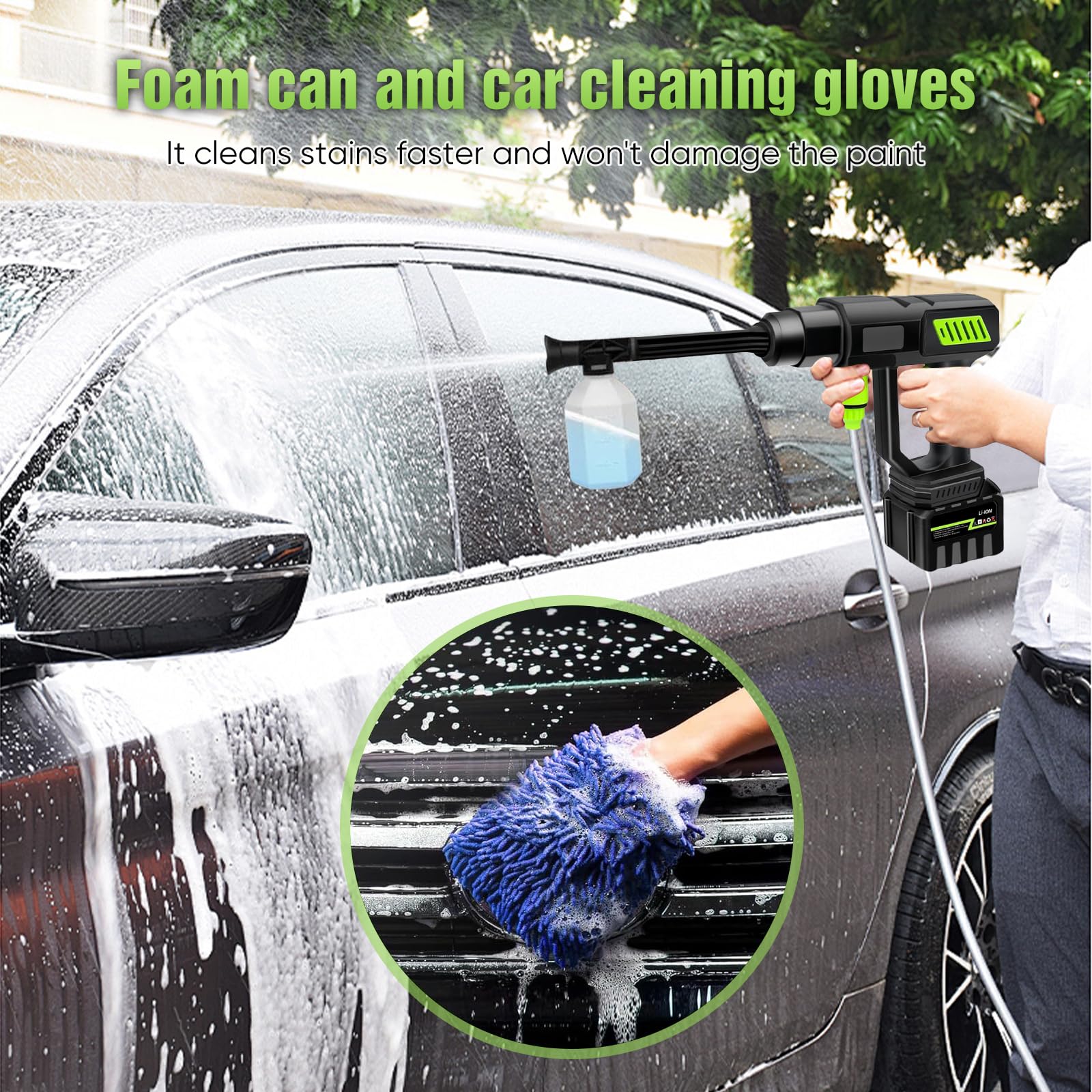 Hidrolimpiadora Portátil Inalámbrica 21V 980PSI, Incluye Boquilla 6 en 1 + Manguera 5m + Pistola Profesional para Lavar Coches, Jardines y Superficies Exteriores (2 baterías y 1 Cargador)