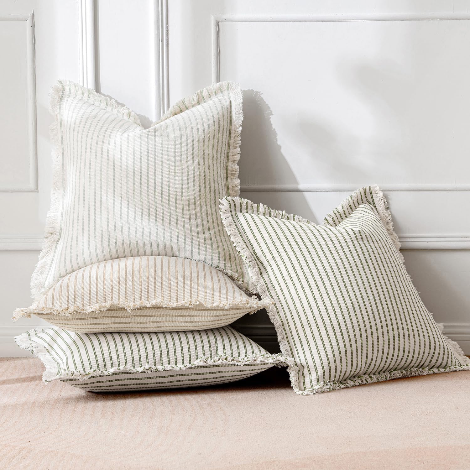 MIULEE Pack of 2 Olive Green Christmas Pillow Covers 18x18 Inch Striped Farmhouse Couch Spring Throw Pillow Covers with Fringe Chic Linen Decorative Cushion Covers for Sofa Living Room Bed Home Decor