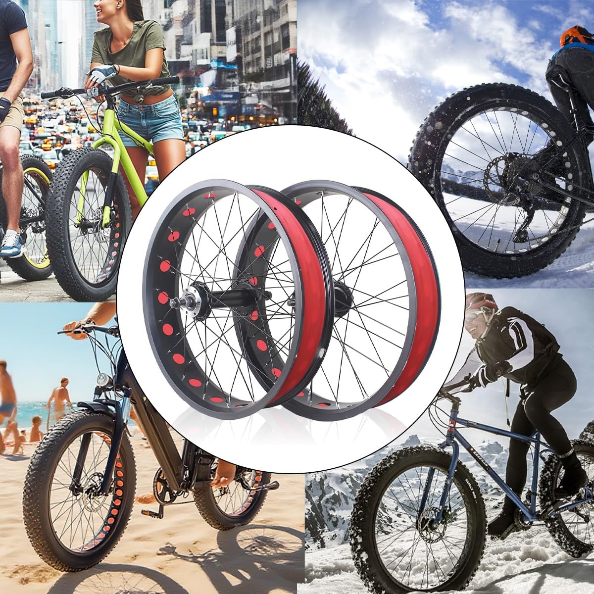 Set di Ruote per Bici da Neve 20/24/26"X 4.0" Pneumatici Larghi Anteriori e Posteriori Freno a Disco Set di Ruote da Spiaggia Cerchi in Lega di Alluminio Mozzi 36H Raggi 14G QR 135