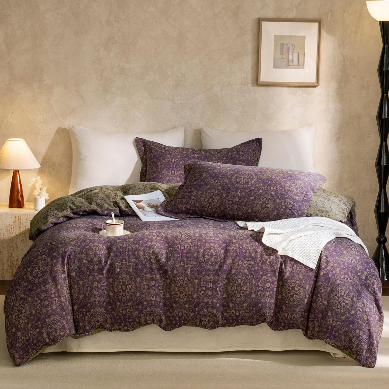 VM VOUGEMARKET Jacquard Flower Duvet Cover Twin,Purple Green Floral Duvet Cover Set Yarn-Dyed Cotton Boho Medallion Bedding Set,Retro Reversible Duvet