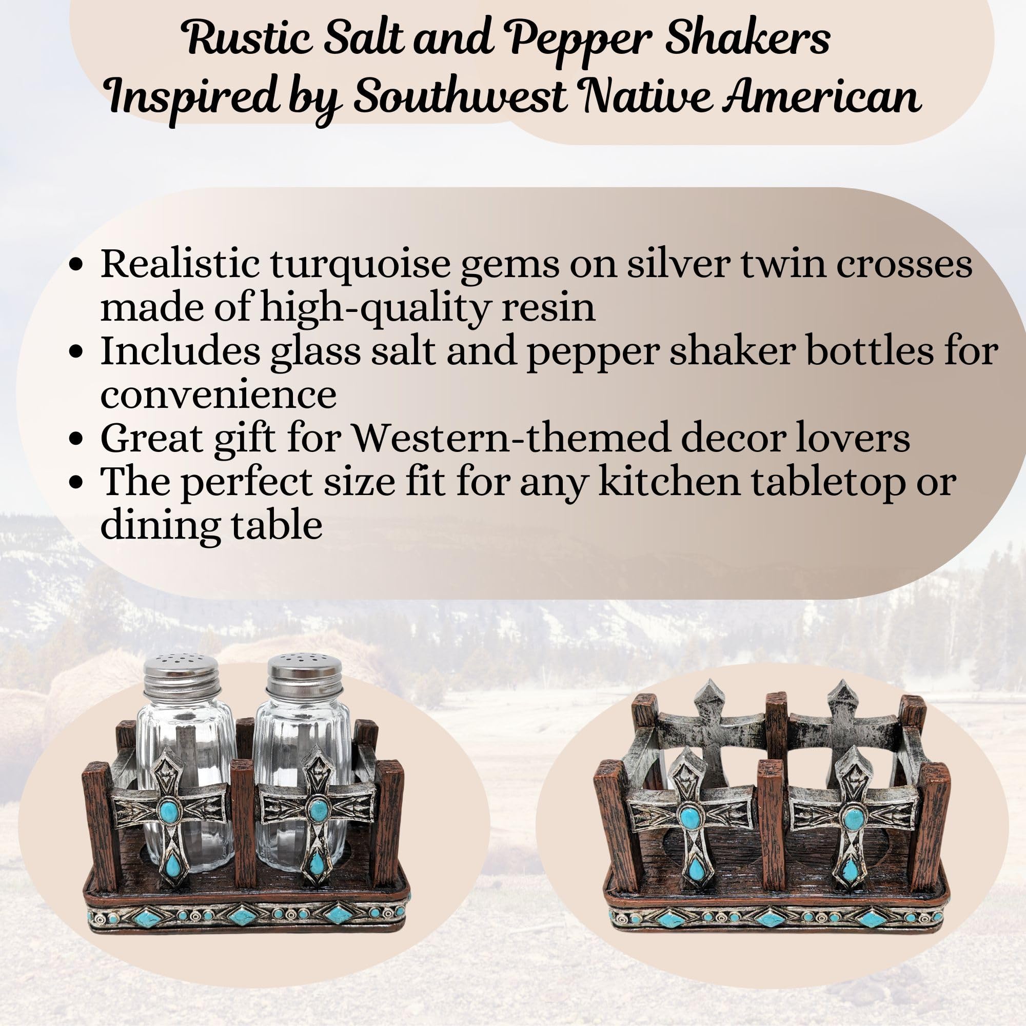 BestGiftEver Salero y pimentero de piedras preciosas turquesa (doble cruz), detalles de cocina del suroeste, juego de salero y pimentero rústico occidental, decoración de comedor