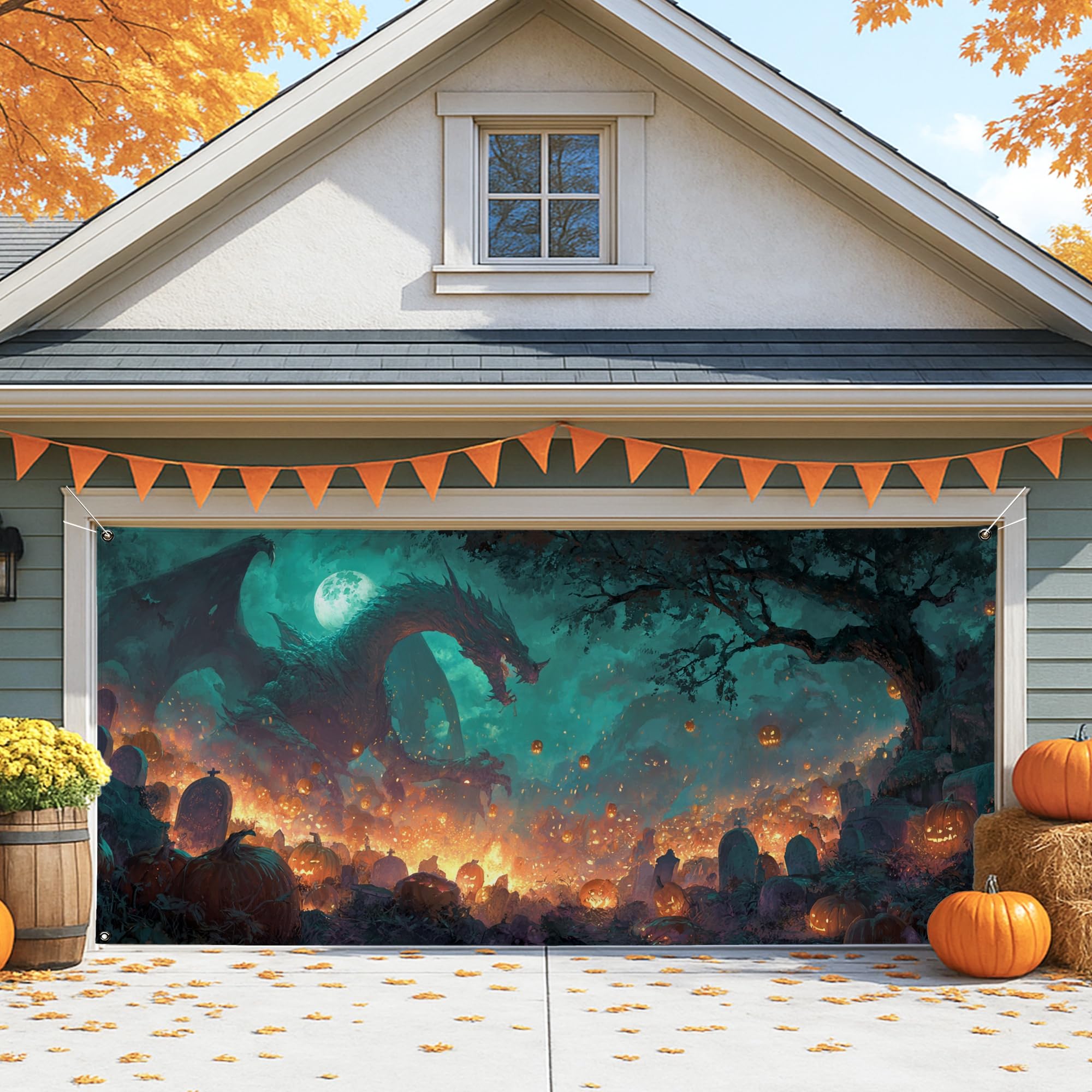Fantasy Dragon Garage Door Cover, Teal Halloween Dragon Large Garage Door Decorations, Spooky Indoor and Outdoor Halloween Party Background Decor