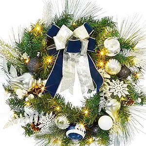 24 Inch Christmas Wreaths for Front Door, Prelit Silver Blue Christmas Wreath with 20 LED Lights Pine Cones Ball Ornaments Snowflakes for Fireplace Mantle Indoor Outdoor Xmas Decor