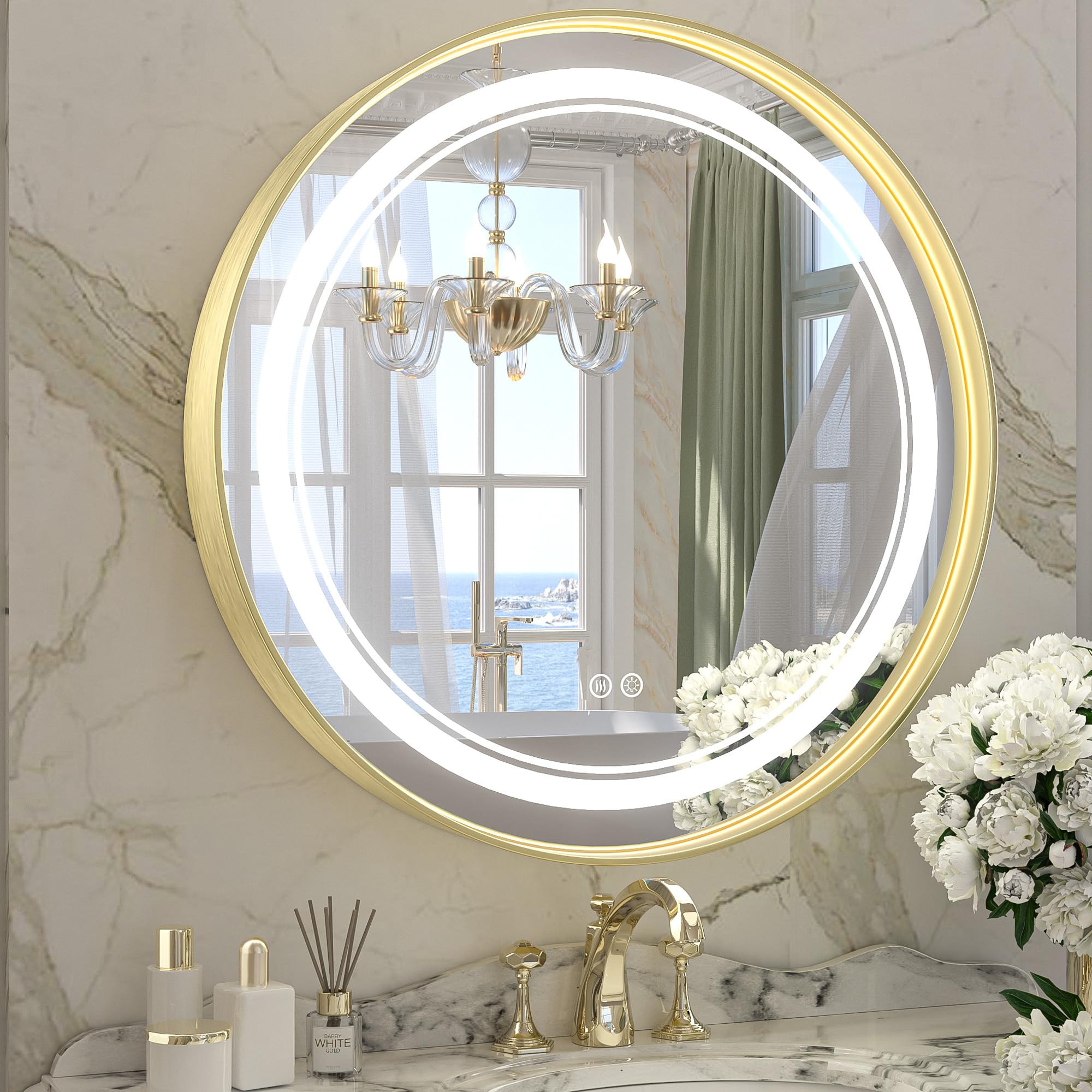 Keonjinn 24 Inch Led Round Gold Bathroom Mirror with Front Lights Framed Frontlit 3 Color Temperature Dimmable Wall Mounted Makeup Mirror Anti-Fog CRI 90+