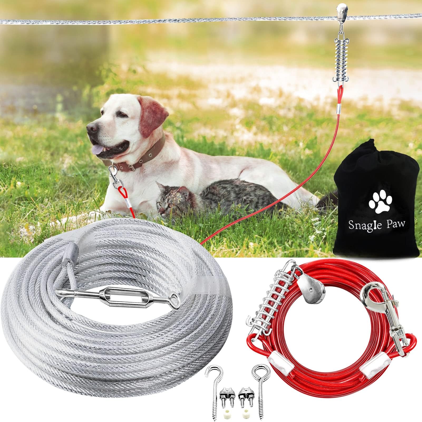 Snagle Paw Dog Tie Out Runner for Yard,Trolley System for Large Dogs,Heavy Duty Dog Aerial Run Cable with 10ft Pulley Runner Line for Dogs Up to 125lbs,Yard or Camping, 75ft, 100ft new75ft