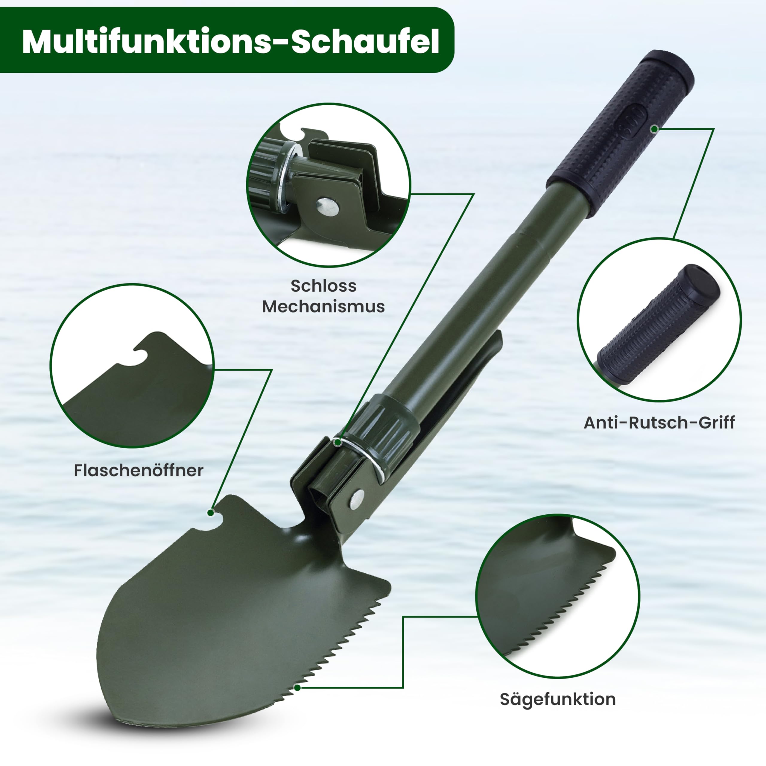 Camping Survival Geschenkset 5-teilig – Multifunktions-Spaten mit Tasche, 2× Thermo-Sitzkissen, Fernglas 20×50 & Steinschleuder – Outdoor Set für Camping, Wandern & Bushcraft