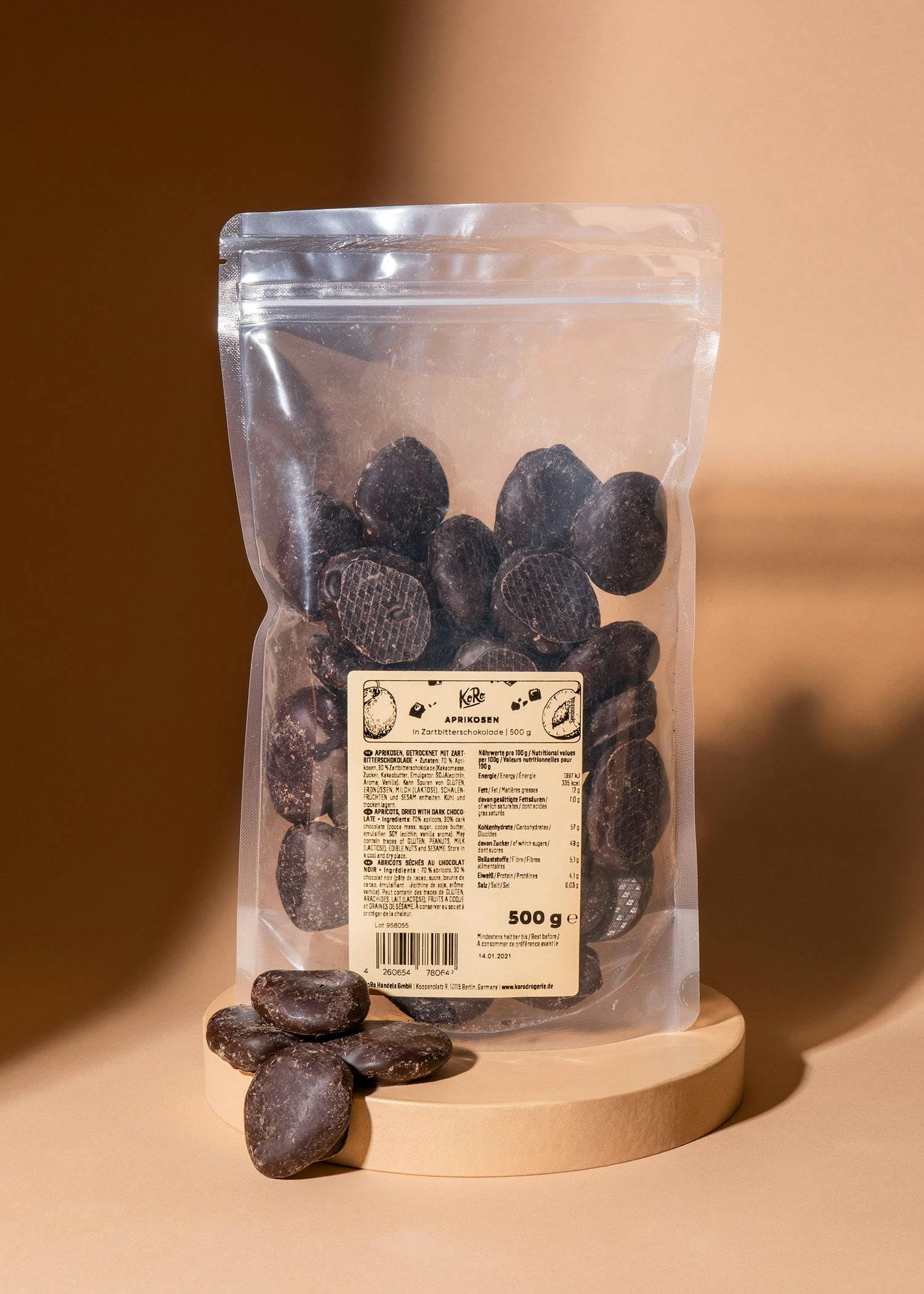 KoRo - Albicocche al cioccolato fondente formato prova 500 g - Delizioso snack vegano senza zuccheri aggiunti