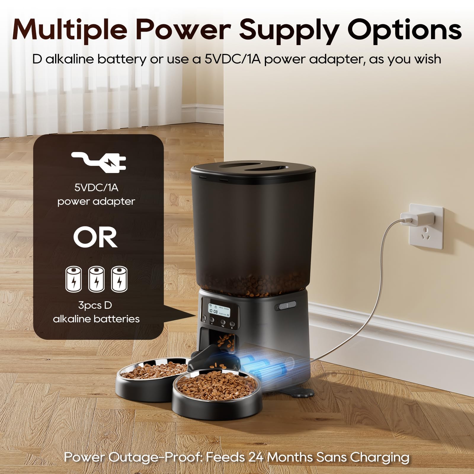 Petrice Automatic Cat Feeder for 2 Cats, 6L/25 Cups Cat Food Dispenser Programmable 30 Portions 6 Meals per Day, Timed Pet Feeder for Kitty Small Dogs with 10S Voice Record, Easy Setup, Black - image 8