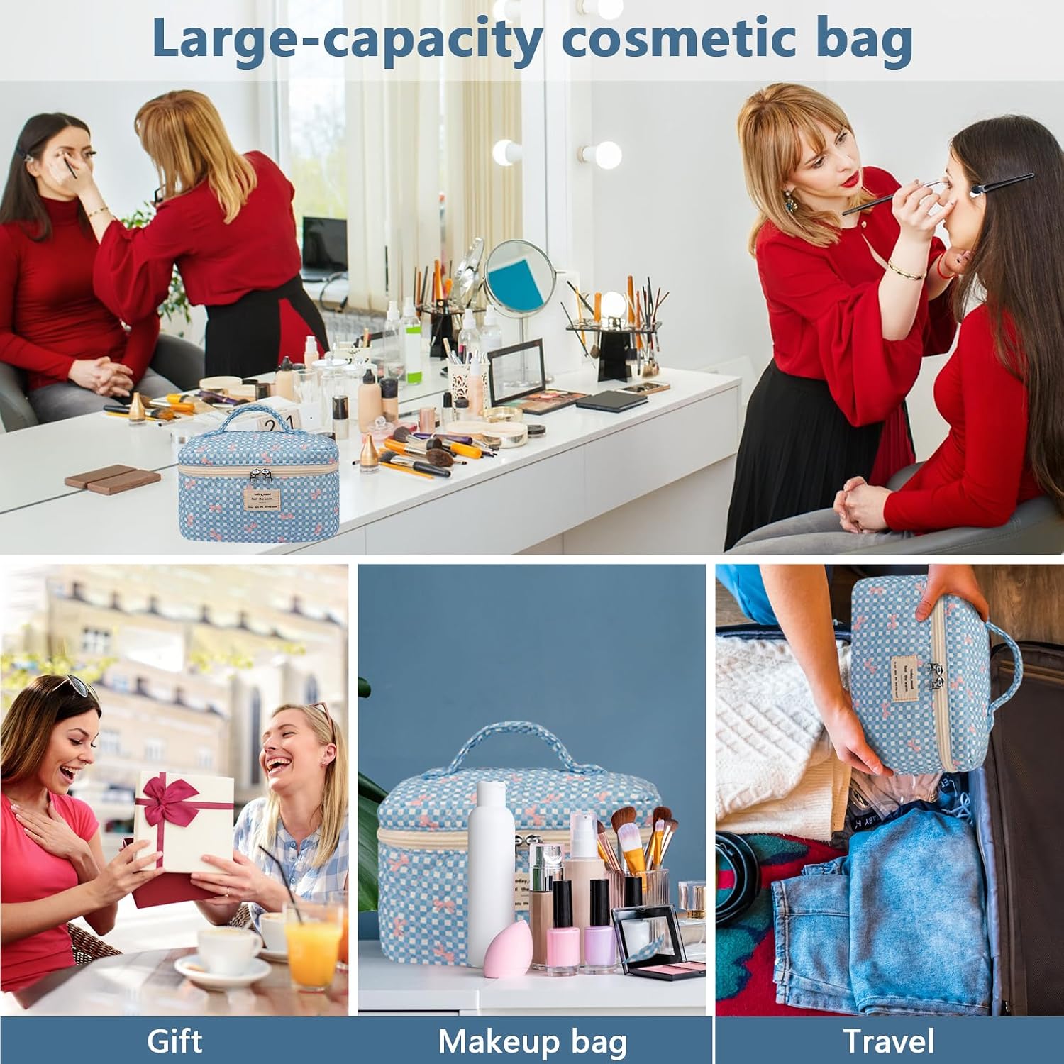 Gosect Large Makeup Bag, Cute Cosmetic Bag for Women Girls, Floral Coquette Aesthetic Toiletry Bag, Travel Make Up Organizer Bag (Blue Butterfly) thumbnail