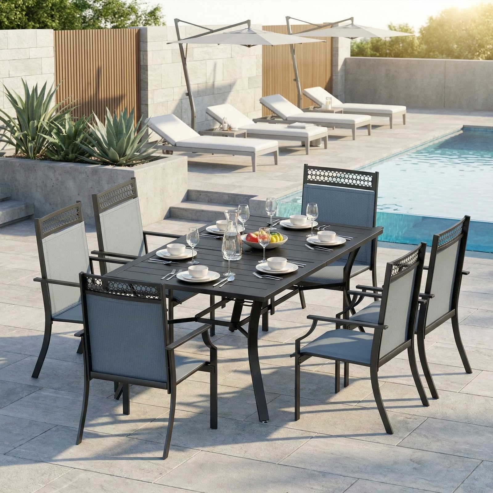 LIFERUN Juego de 4pcs sillas de jardín, Asiento Ancho con Tela Teslin, Transpirable, de Secado rápido, hasta 120 kg, para jardín, terraza, balcón, Zona de Piscina (Gris)