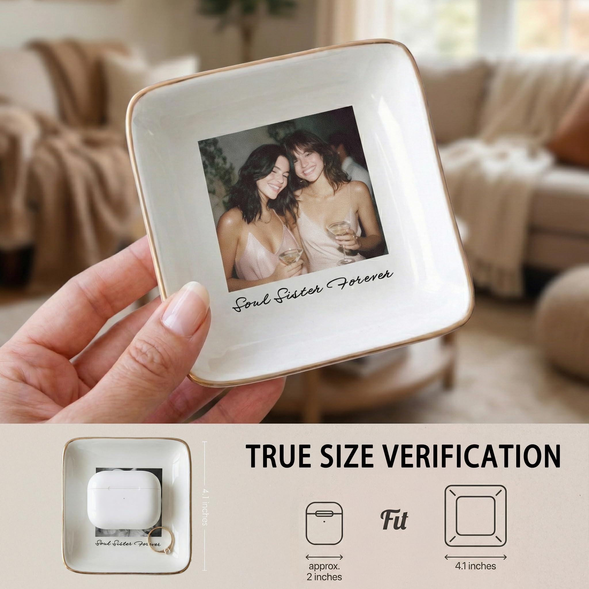 Personalized Photo Jewelry Dish for Bestie Sister, Custom Text & Name Signature (e.g., Emma), 4 Inch Ceramic Ring Dish Trinket Tray for Best Friend, Birthday Long Distance Friendship Gift - 5