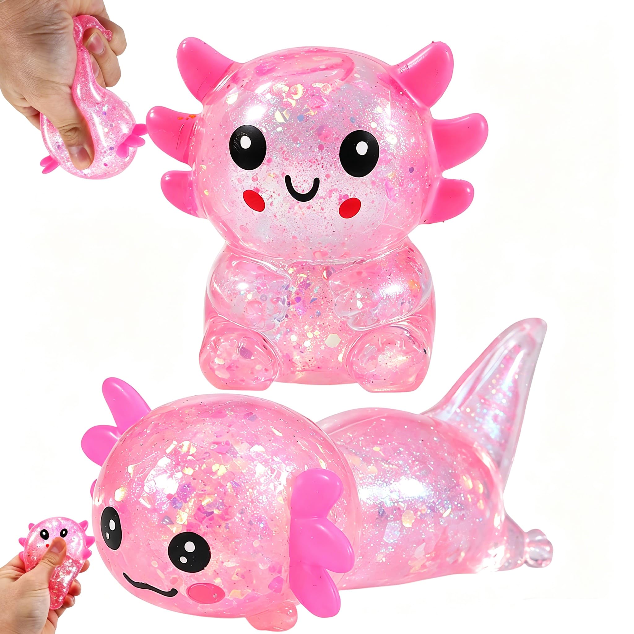2Pcs Axolotl Squishy, Pink Cartoon Salamander, Sugar Squishy and Fidgets, Soft Squeeze Figures for Desk Use