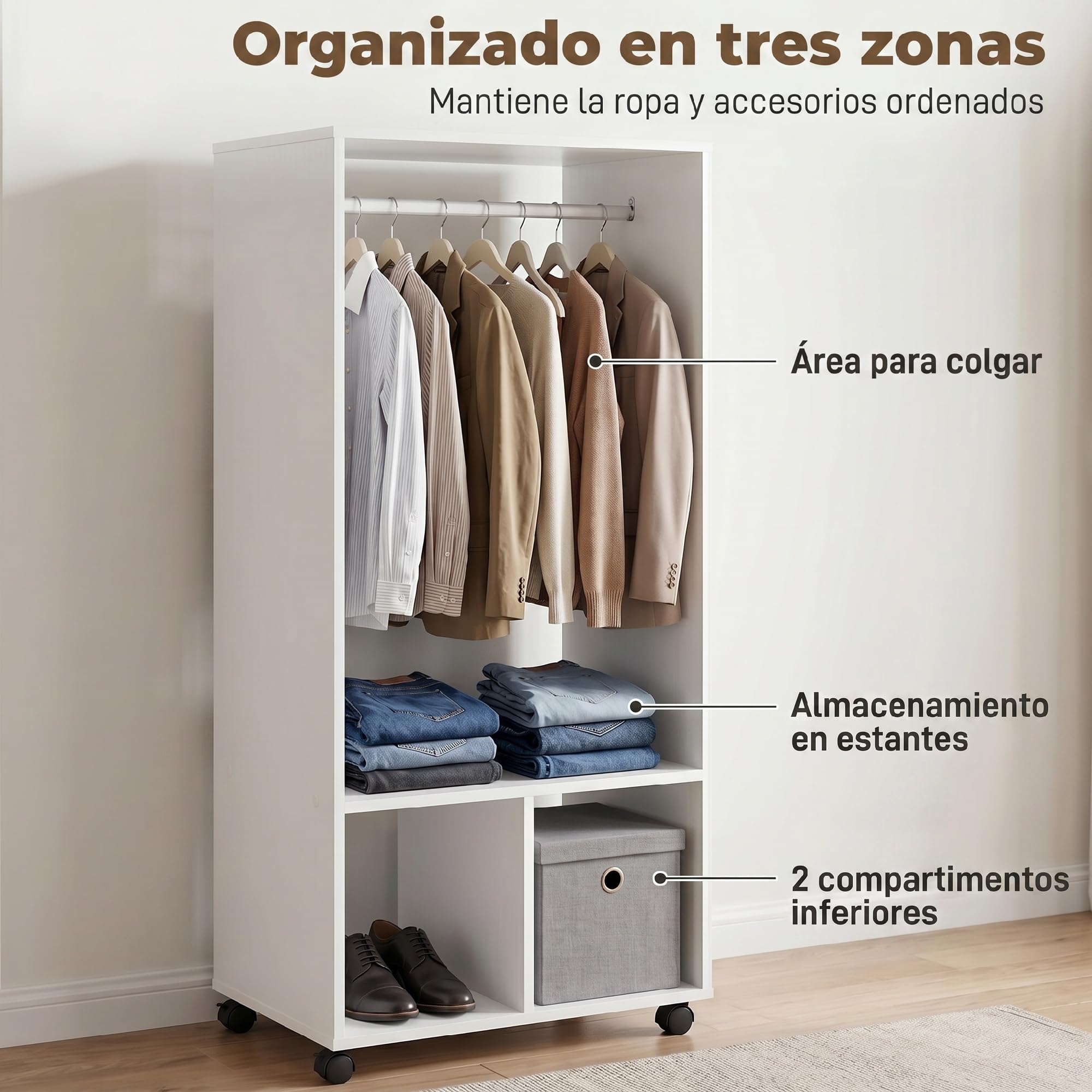 HOMCOM Armario Ropero con Ruedas Armario para Ropa con Barra Estantes Abiertos Organizador para Colgar Ropa de Dormitorio 60x40x128 cm Blanco