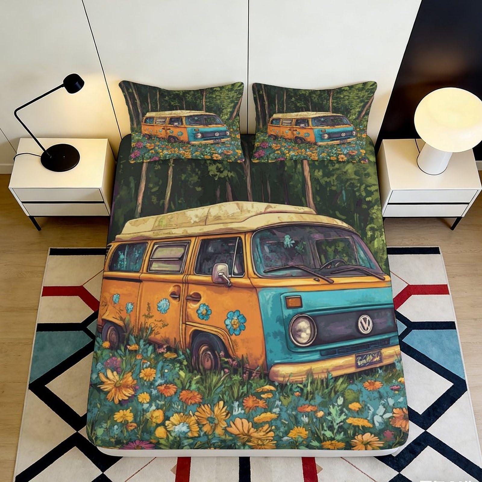 3D Printed Retro Campervan Fitted Sheet Microfiber Orange Floral Forest Bed Cover Non-slip Machine Washable for Bedroom Dorms 140x200x25cm