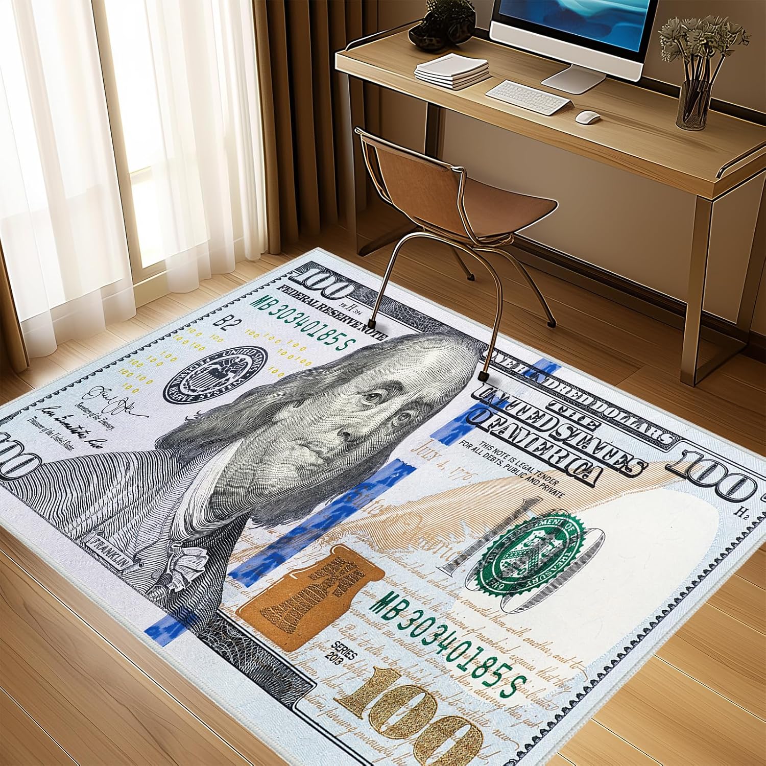 Money Rugs for Living Room 4x6 Area Rug for Bedroom,100 Dollar Bill Throw Rug Washable Rugs Indoor,Hundred Dollar Bills Area Carpet Non Slip Soft Floor Carpets Mat for Dining Room,Laundry,Office