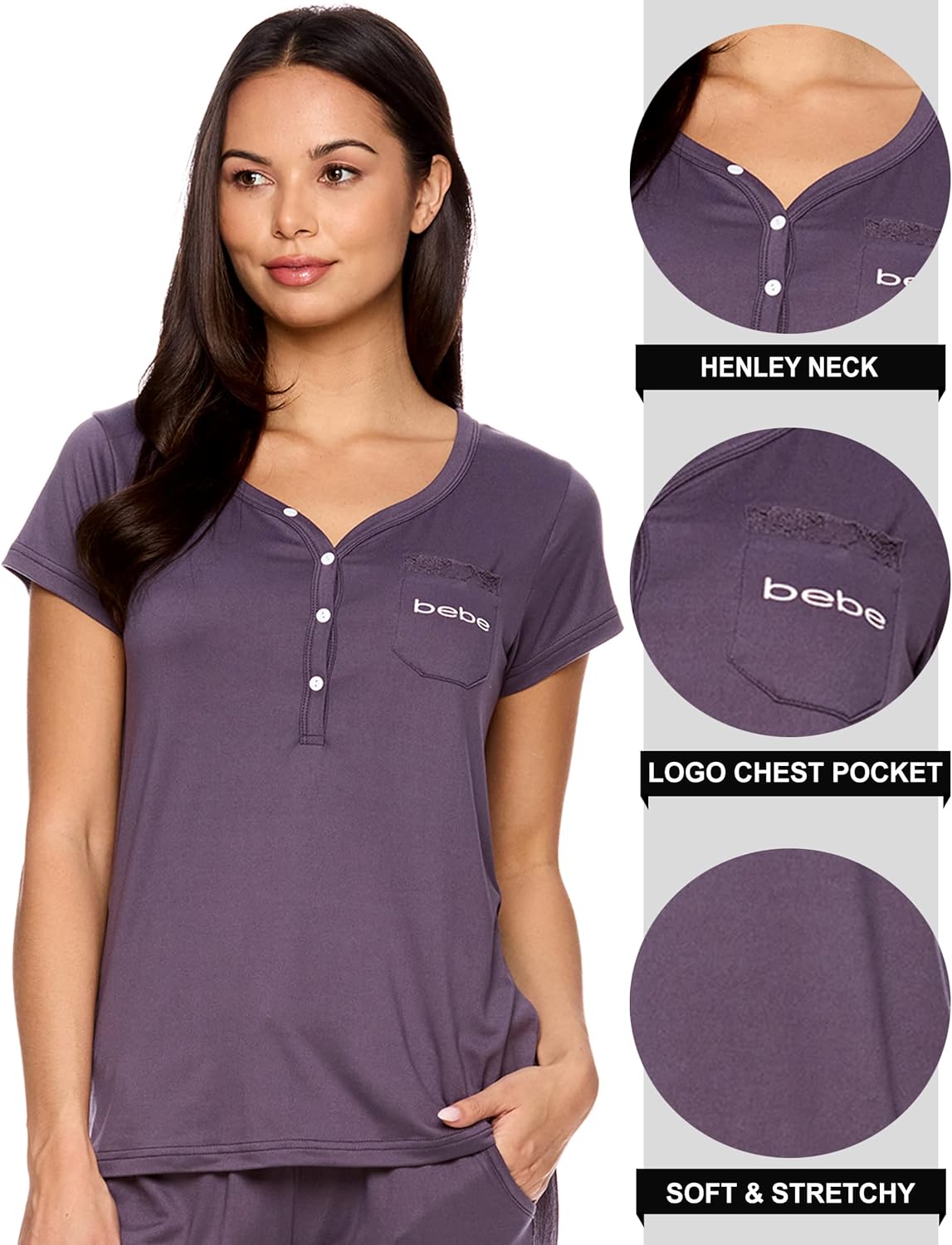 bebe Womens Pajama Set, Short Sleeve Shirt with Lace Jogger PJ Pants Lounge Sets for Women - Image 3