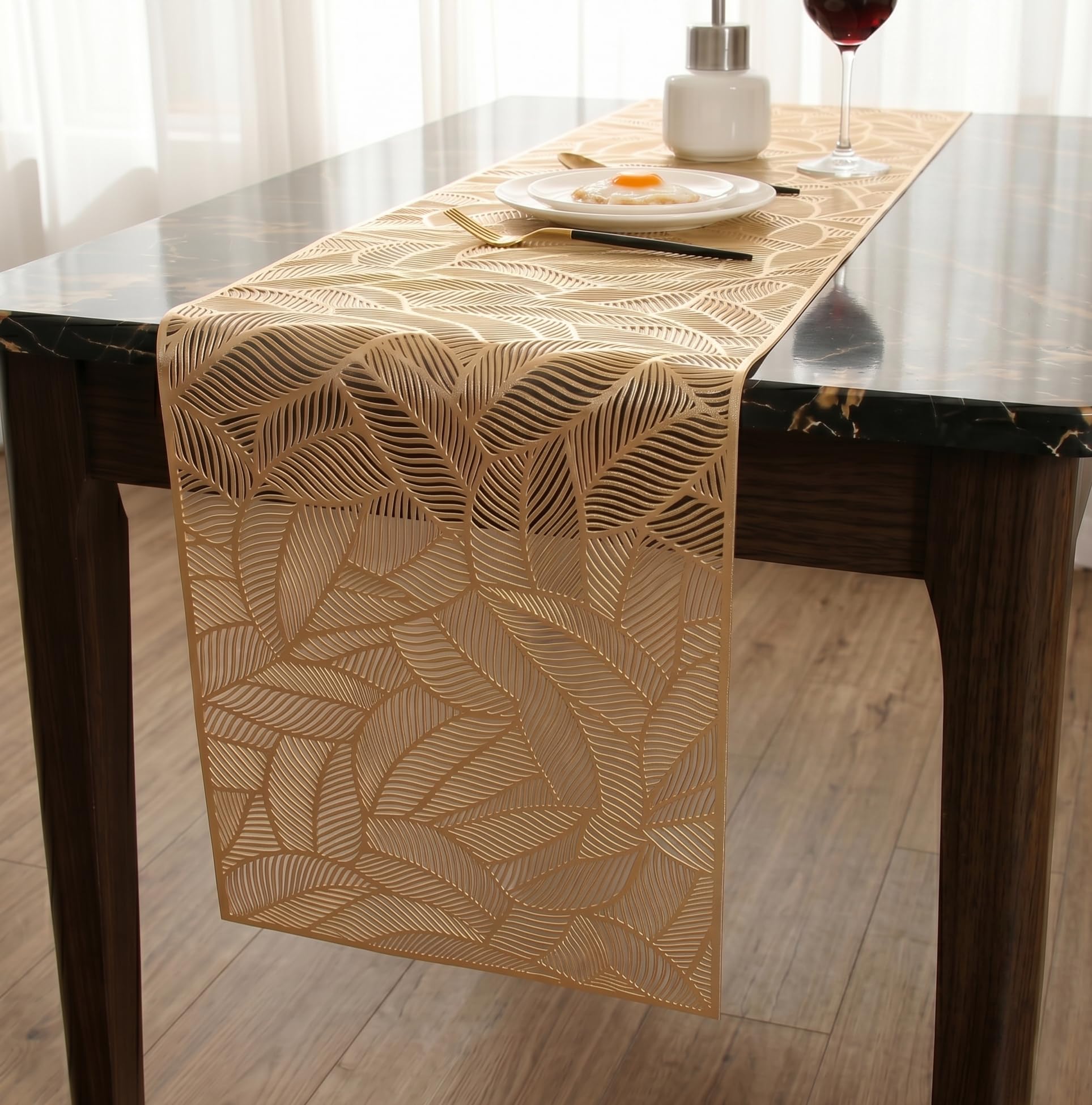 FAVE Gold Table Runner 72 inches Long Heat Resistant Hallowed-Out Vinyl Waterproof Washable Dinning Runner for Wedding, Banquet, Birthday, Party, Restaurant(Gold Rectangle) โ image 1