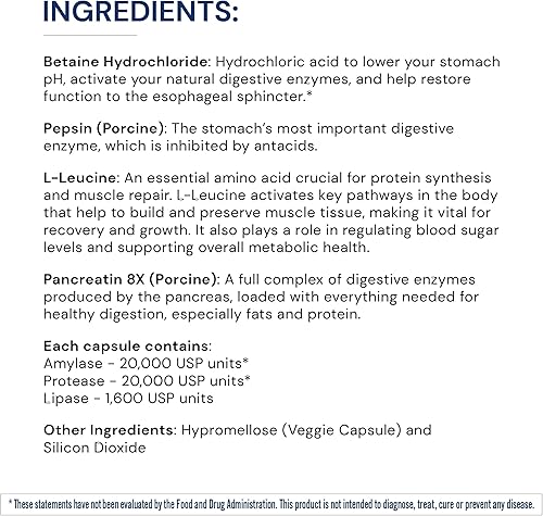 Miniatura 4 de BodyHealth Enzimas digestivas de apoyo digestivo de espectro completo (180 cápsulas), betaína, pepsina, pancreatina BPP cargada con enzimas y