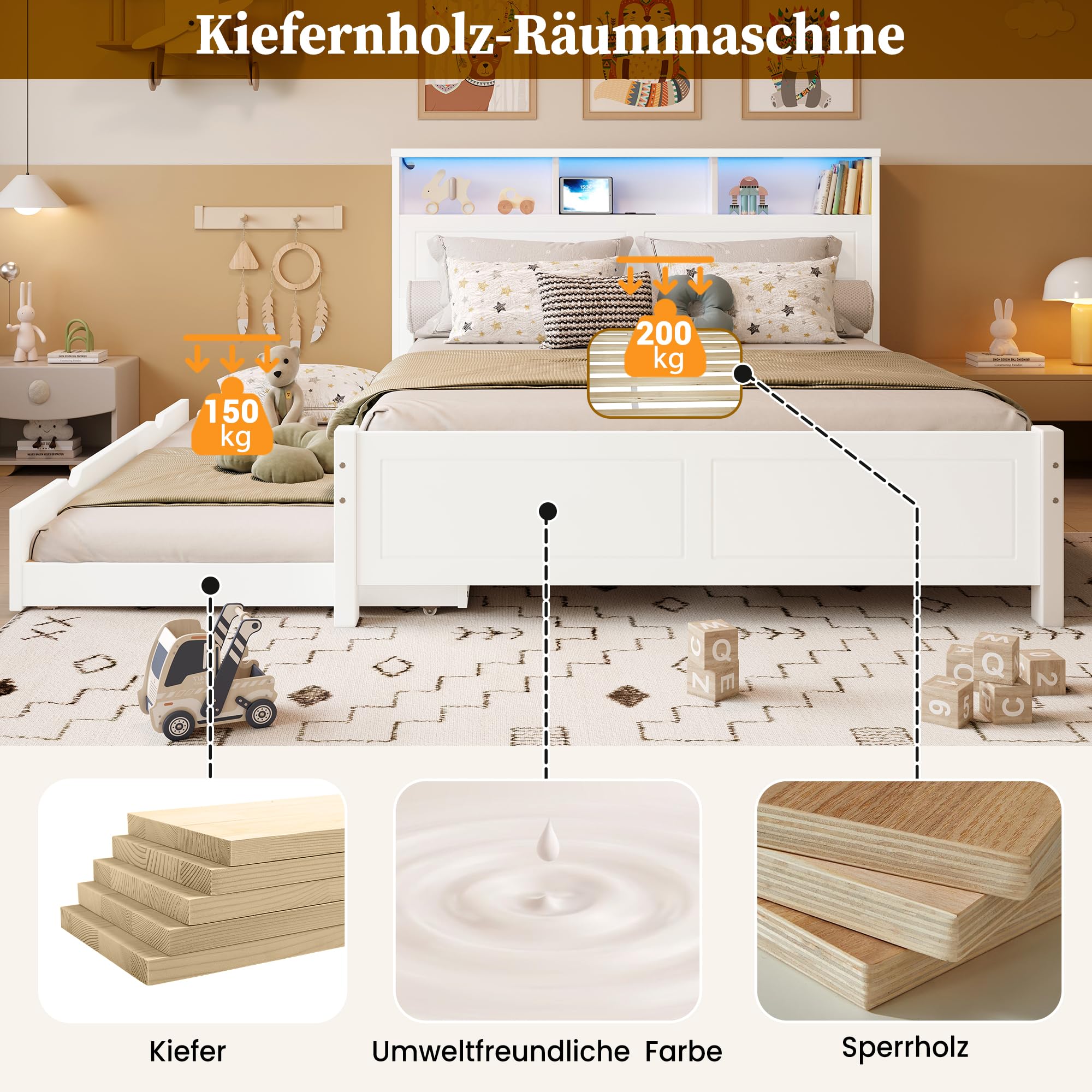 Letto Matrimoniale con letto Estraibile 120x200 e 90 * 190 cm, Letto Piano con Striscia Luminosa, Presa di Ricarica Integrata, Contenitore nella Testiera, struttura in pino e MDF, Bianco
