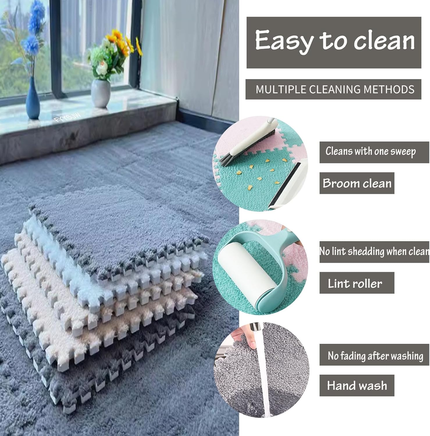 Foam Floor Tiles Interlocking Plush Carpet Tiles for Bedroom 9 Pcs 30x30cm Square Foam Puzzle Area Rug EVA ing Play Mat Protective (Color:White+Black+Light Coffee)