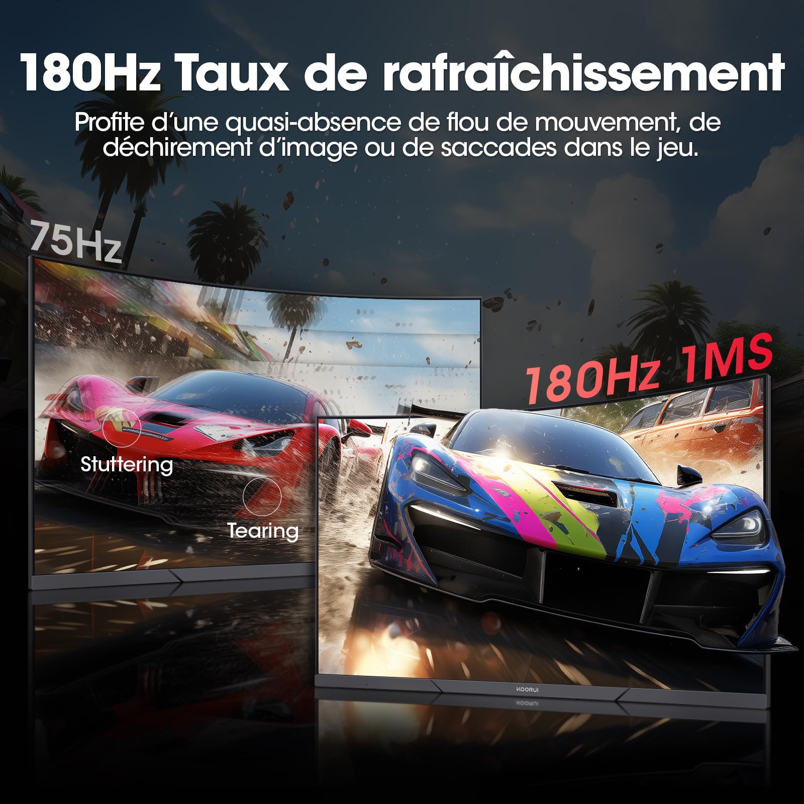 KOORUI 24 Pouces Gamer Écran PC Incurvé, Full HD 180Hz 1ms 24E6CA | Gaming Moniteur 1500R, Soin des Yeux, réglage de l'inclinaison, Ecran Gamer, HDMI 2.0x2, DP 1.2, 100x100mm VESA Ecran, Noir