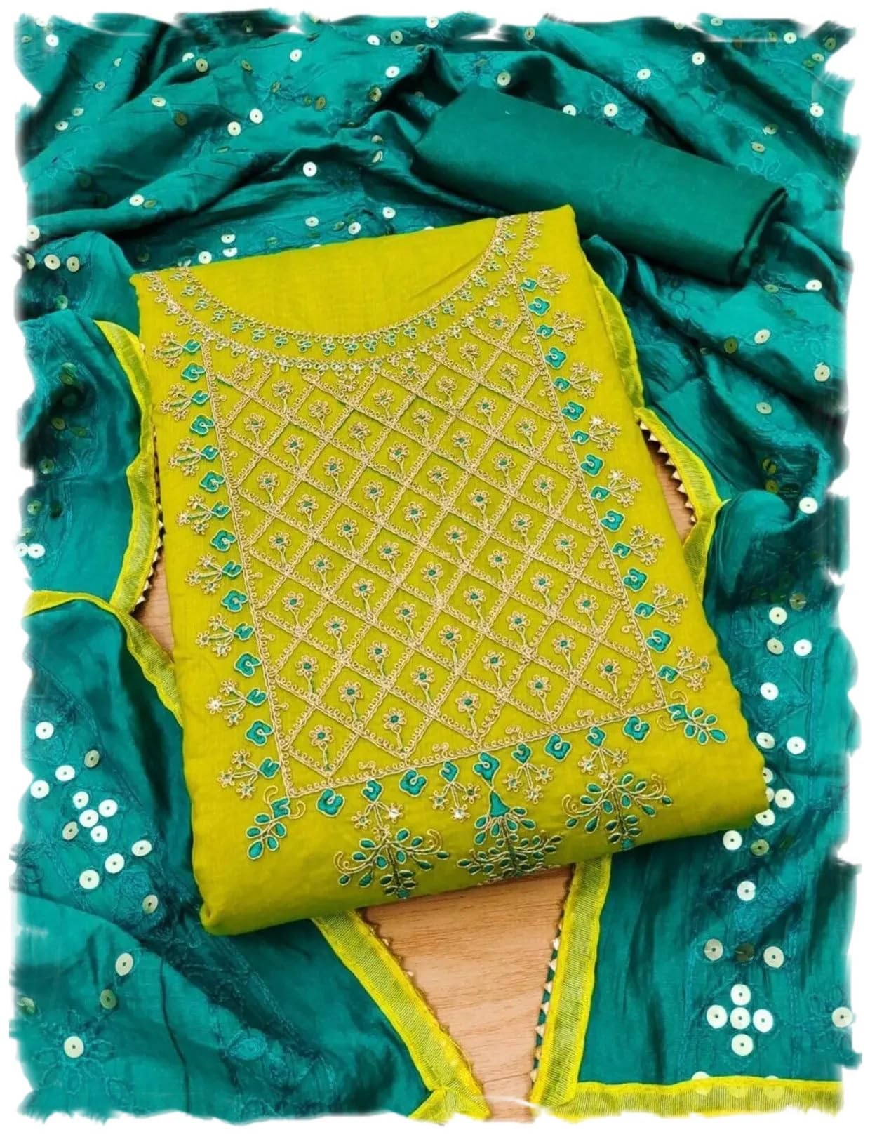 stylescope Women's Cotton Blend Embroidery Codding Work Unstitched Salwar Suit Dress Material With Dyable Chanderi Sequence Work Dupatta (DM Codding Paroot Green_Paroot Green_Free Size)-picture-30