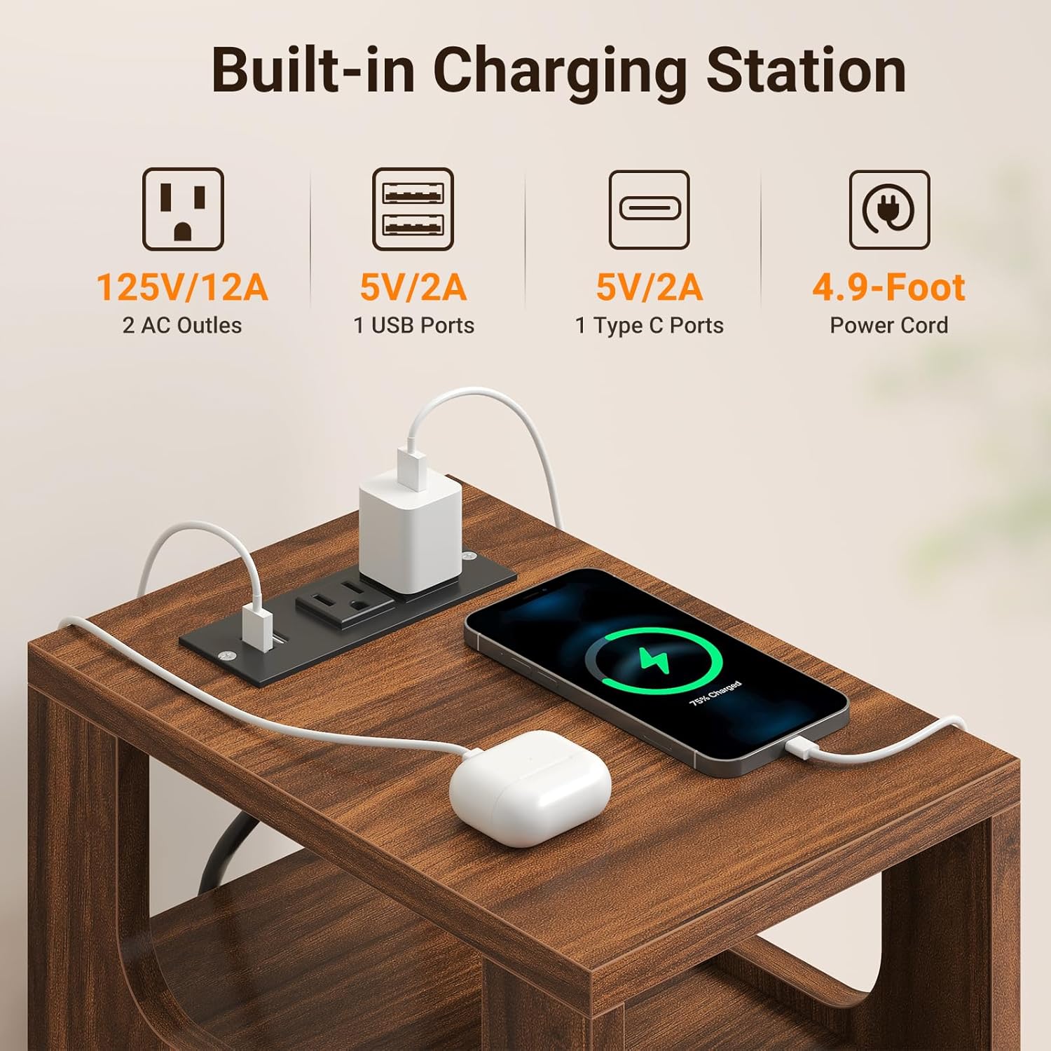 ELYKEN 7.9" Small Narrow Side Table with Charging Station, 24.4" H Skinny Fluted Nightstand with 2 Drawers, Solid Wood Feet, Open Storage, Slim End Table for Small Spaces, Bedroom, Walnut