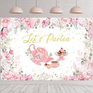 Tegeme 7 x 5 ft Tea Party Backdrop Decorations, Lets Partea Banner, White