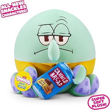 Snackles Licensed Character SpongeBob Squarepants 14-inch Plush Sqiudward & Canned Bread (SQUIDWARD TENTACLES) by ZURU, Plush with Snack Accessory