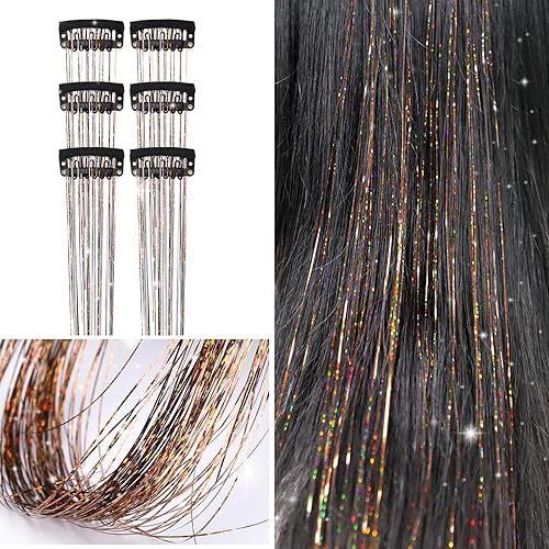 COSHONWOL - 6 clips de oropel para el cabello, kit de oropel con clip de 19.6 pulgadas, kit de oropel con purpurina, accesorios para fiestas de