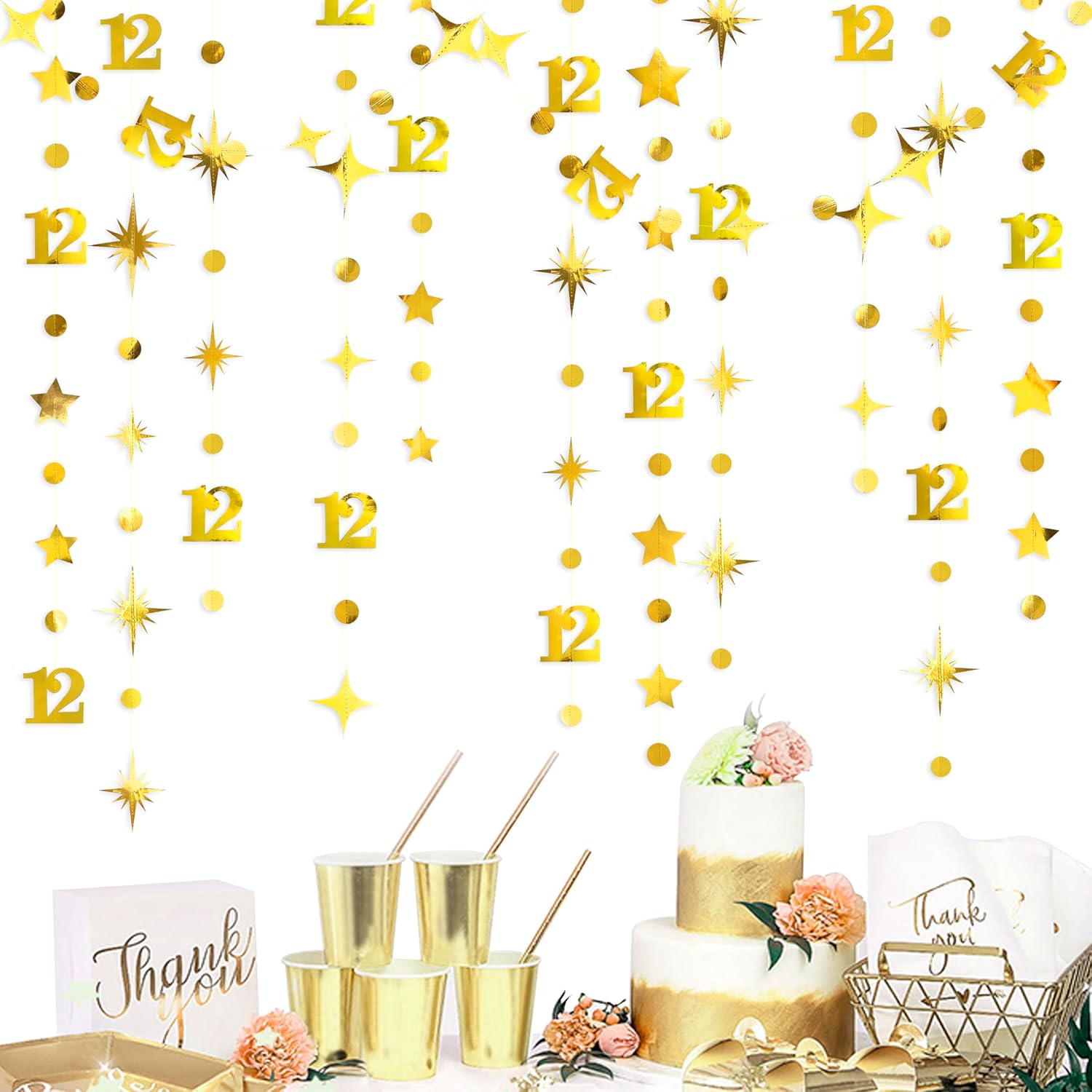Gold 12th Birthday Decorations Number 12 Circle Dot Star Garland Metallic Hanging Streamer Banner Backdrop for Girls Boys Cheers to 12 Years Old Birthday Happy 12th Anniversary Party Supplies image 3