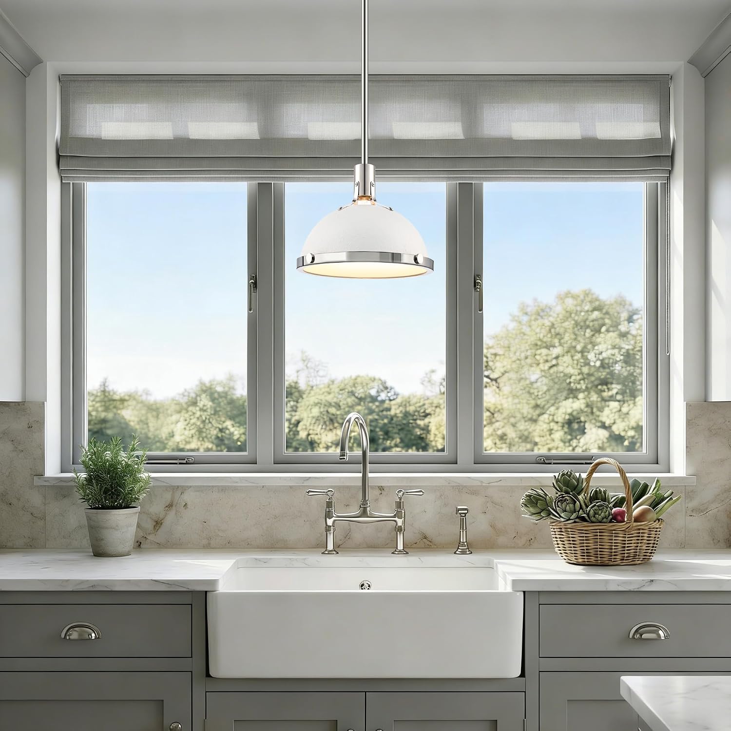 12.7 Inch White and Nickel Modern Pendant Lights, Mid Century Dome Kitchen Island Pendant Lighting, 1-Light Small Ceiling Hanging Light Fixture with Opal Glass Diffuser, Over Sink Table Bar
