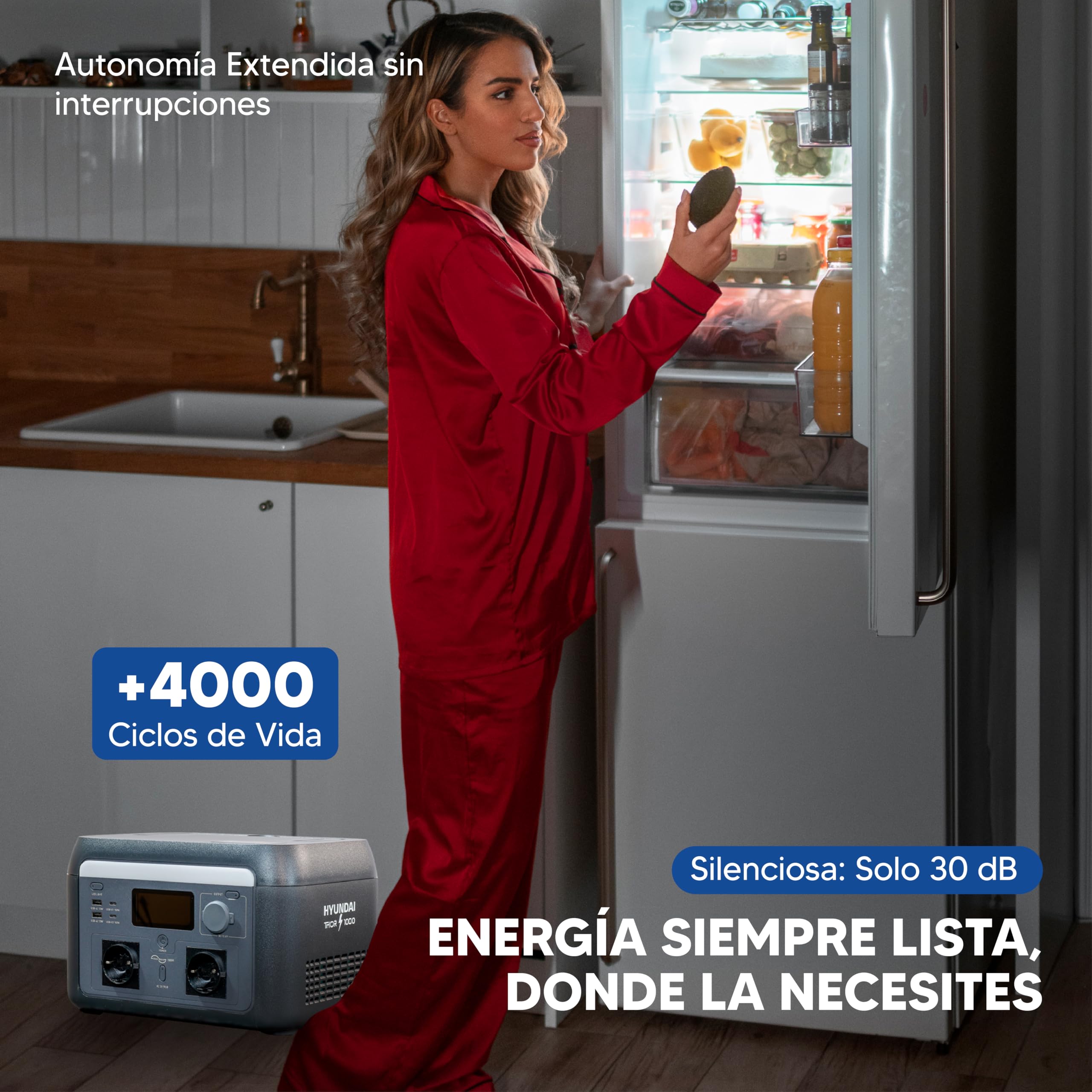 HYUNDAI Estación de Energía Portátil 1000W con Carga Rápida - Power Station con App para Control Inteligente - Generador Solar con SAI para Emergencias - Batería LiFePO4 Ligera y Duradera