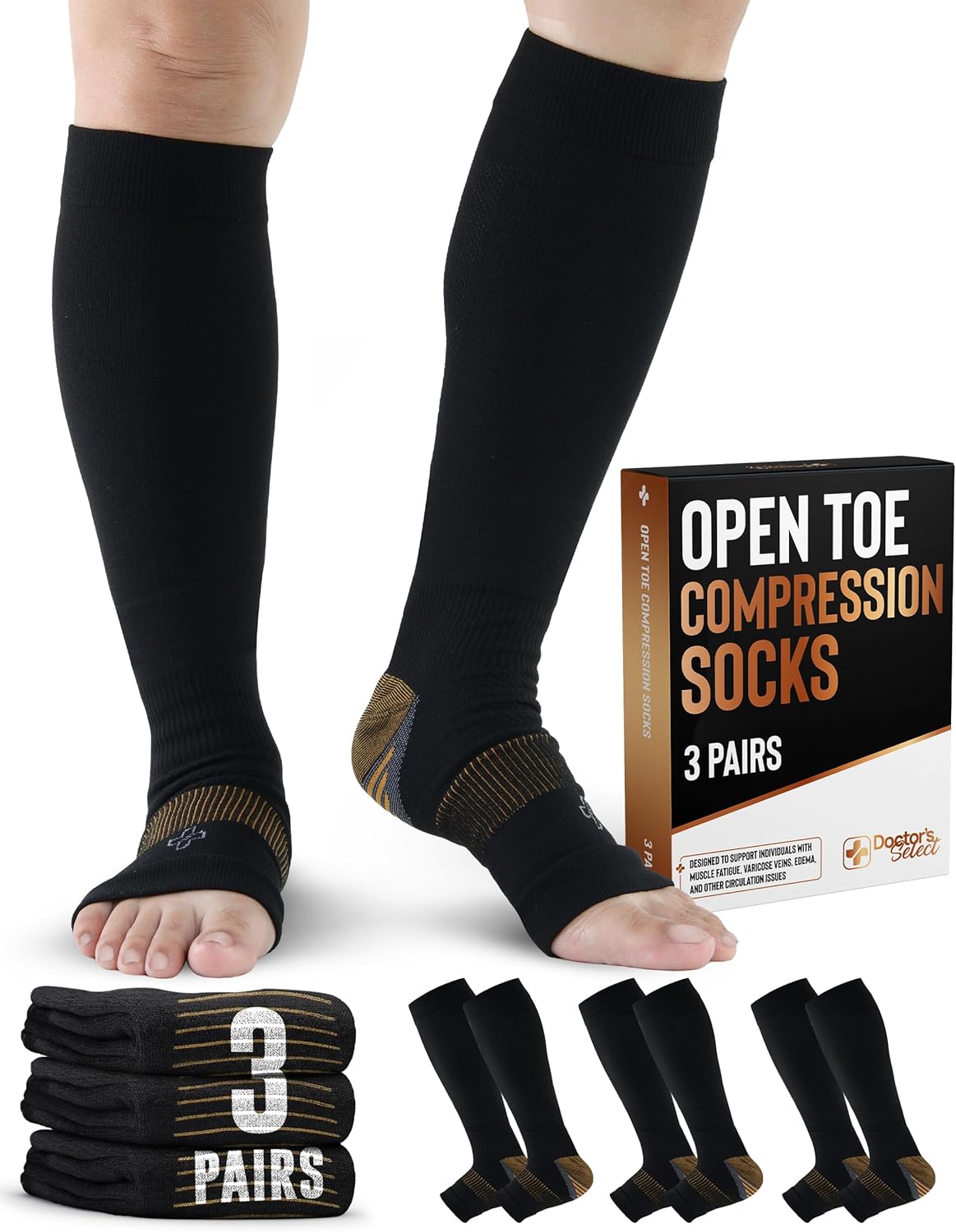 Doctor's Select 3 Pairs Copper Toeless Compression Socks for Men - 20-30 mmHg Compression Socks Men Open Toe, Toeless Socks, Black with Copper Black with Copper - 3 Pairs Small-Medium