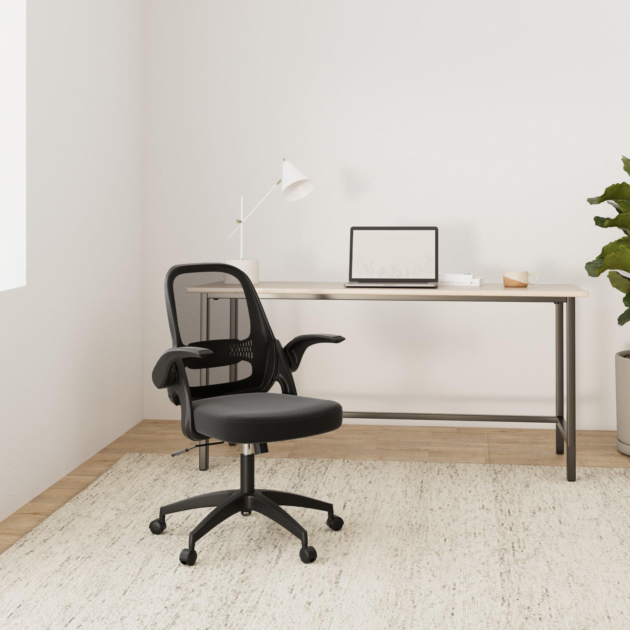 SONGMICS Silla de Oficina, Silla de Escritorio, Silla Giratoria Ergonómica, Silla de Ordenador, Altura Ajustable, Apoyabrazos Abatibles, Mecanismo de Inclinación, Negro OBN035B01