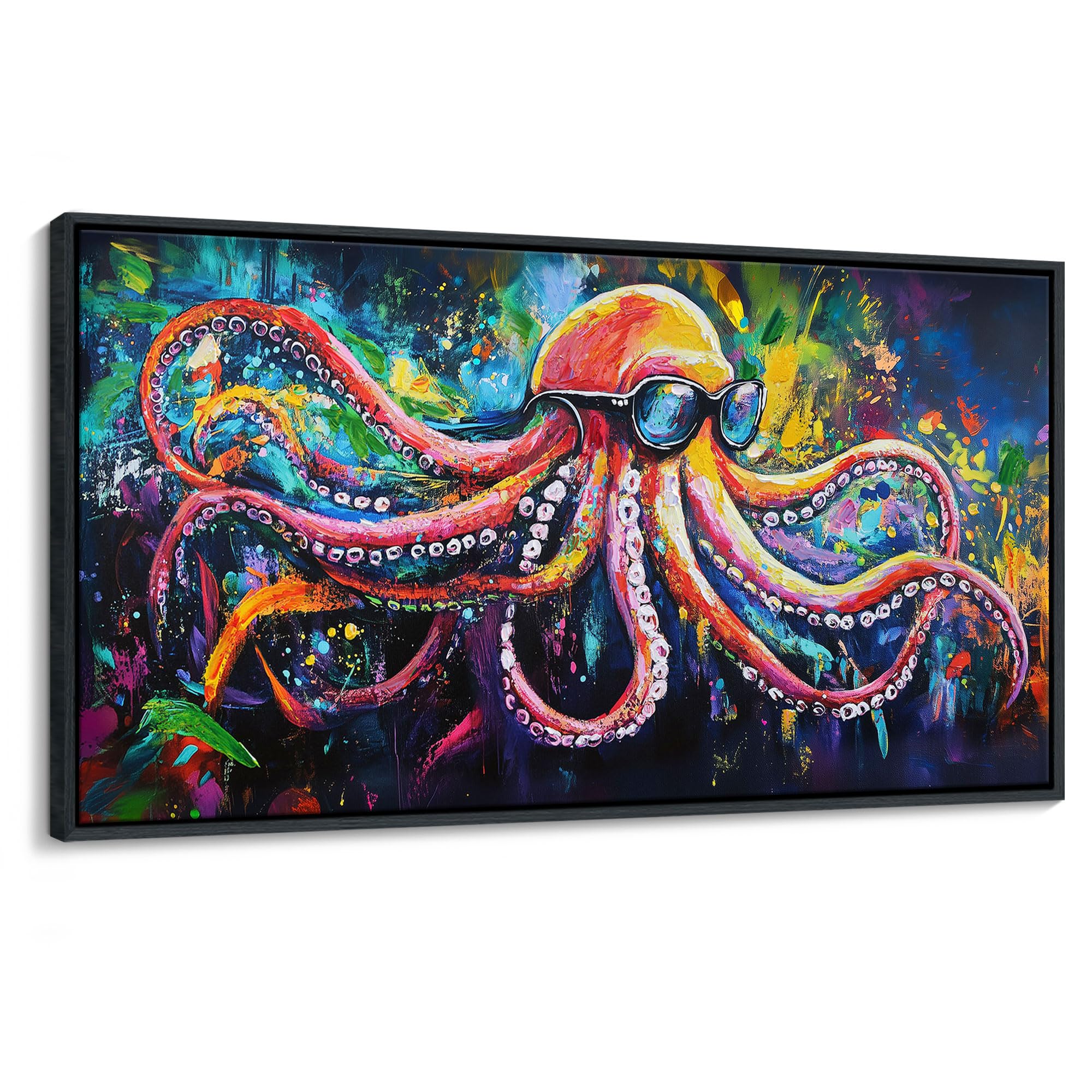 JEAWA Large Framed Wall Art - Funny Octopus Wearing Sunglasses Modern Street Graffiti Texture Wall Painting for Living Room Bedroom Teenage Boy Room