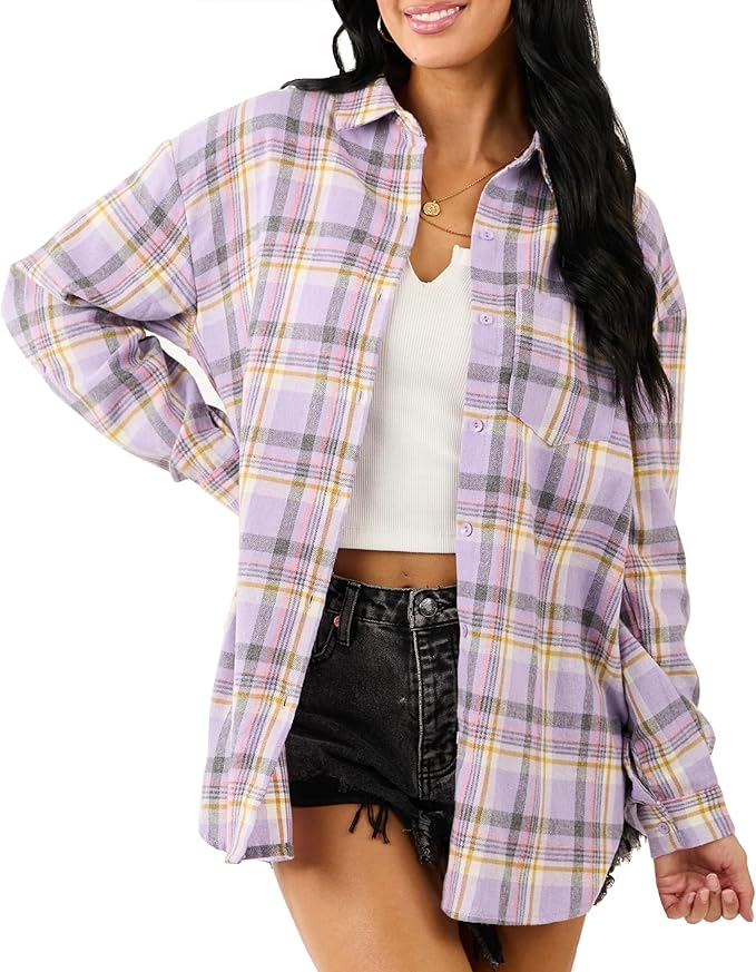 Amazon.com: NUOREEL Womens Flannel Shirts Plaid Shacket Long Sleeve Button Down Shirts Casual Blouses Tops (US, Alpha, Large, Regular, Regular, Iris) : Clothing, Shoes & Jewelry