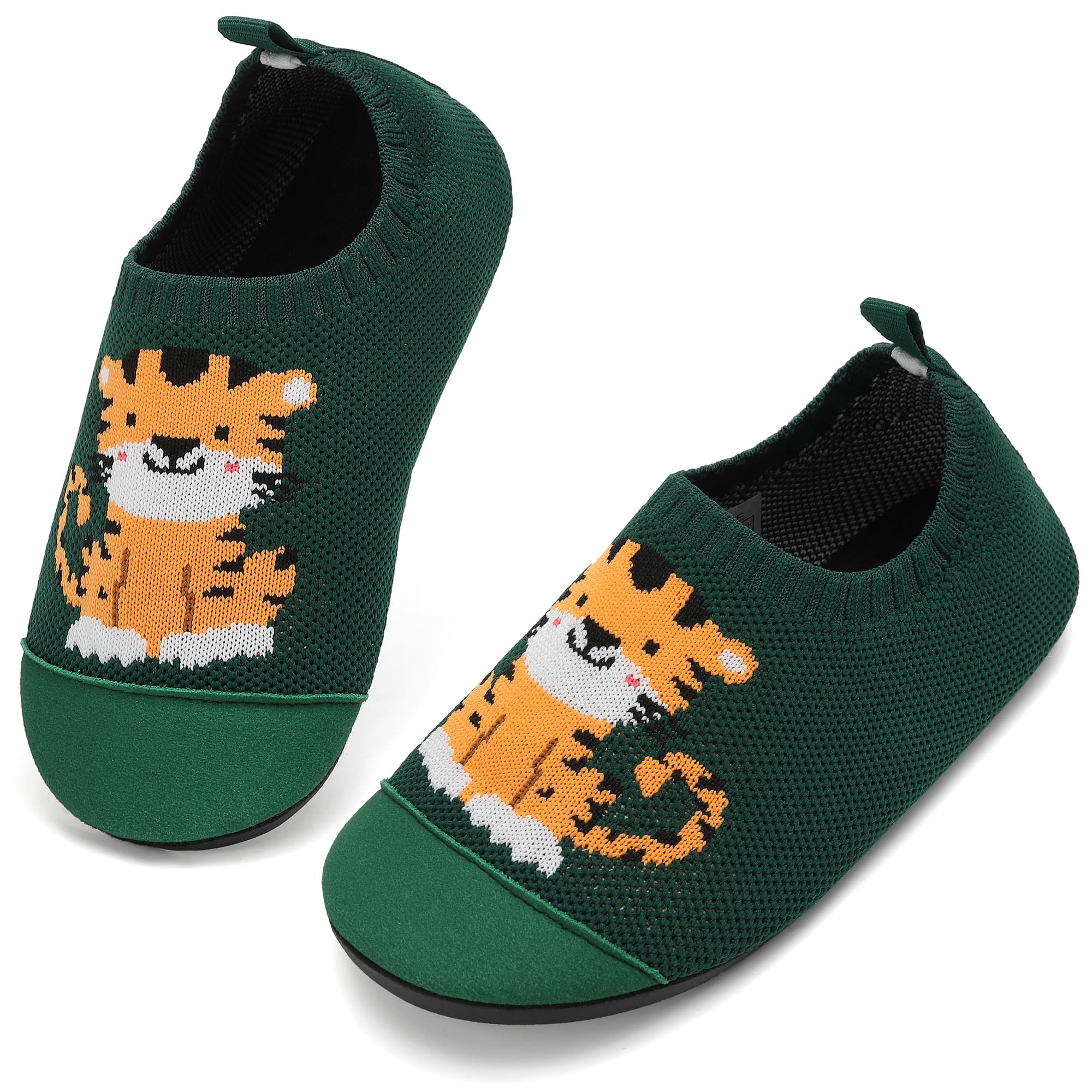 VOLHAL Hausschuhe ​Kinder Mädchen Junge Barfussschuhe Pantoffeln Lauflernschuhe ​Rutschfest ​Kindergarten für Atmung saktive​ Weich Kleinkinder Schuhe ​Unisex(Tiger Grün 33EU)