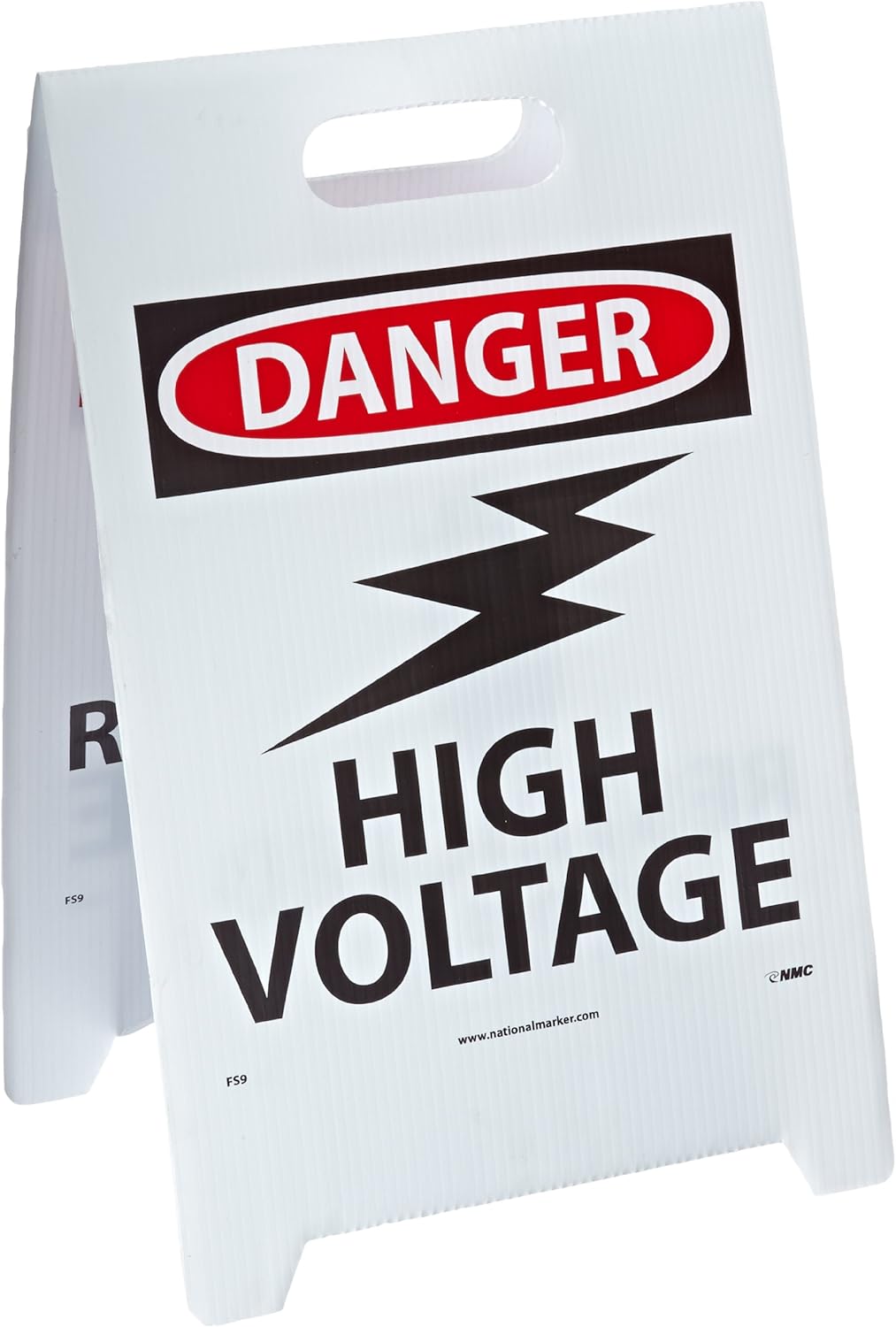 NMC FS9 Double Sided Floor Sign, Legend "DANGER - HIGH VOLTAGE WARNING RESTRICTED AREA" with Graphic, 12" Length x 20" Height, Coroplast, Black on White