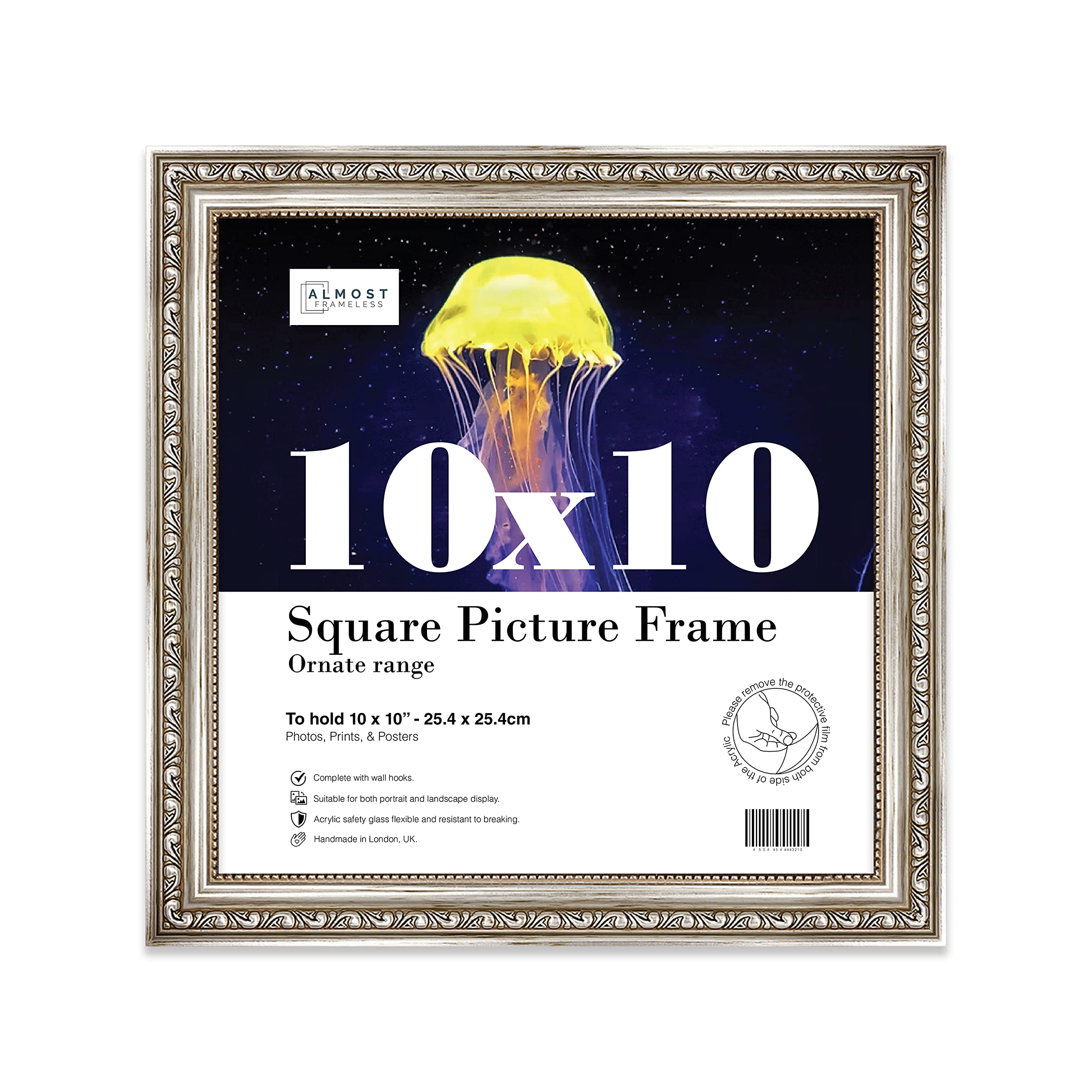 Almost Frameless 10x10 Silver Ornate Picture Frame 10"x10"(25.4x25.4cm) Poster, Photo, Artwork, or Print. Shabby Chic Style Portrait and Landscape Display with Wall Hooks