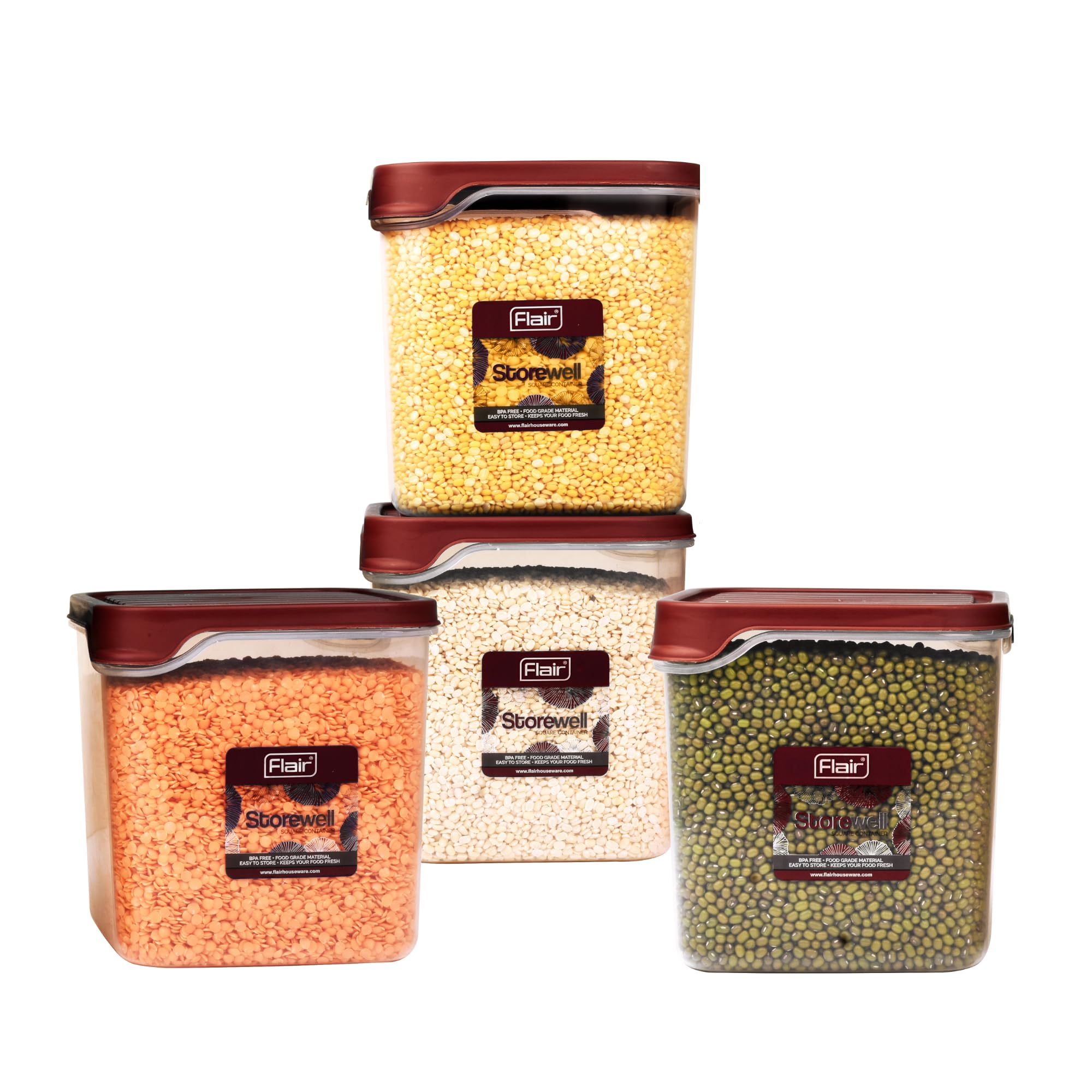 FLAIR Storewell Square Plastic Food Storage Container Set, Airtight Kitchen Containers for Rice, Atta & Grains, BPA-Free, Food Grade Storage Boxes (Maroon, Set of 4 (1.8L))