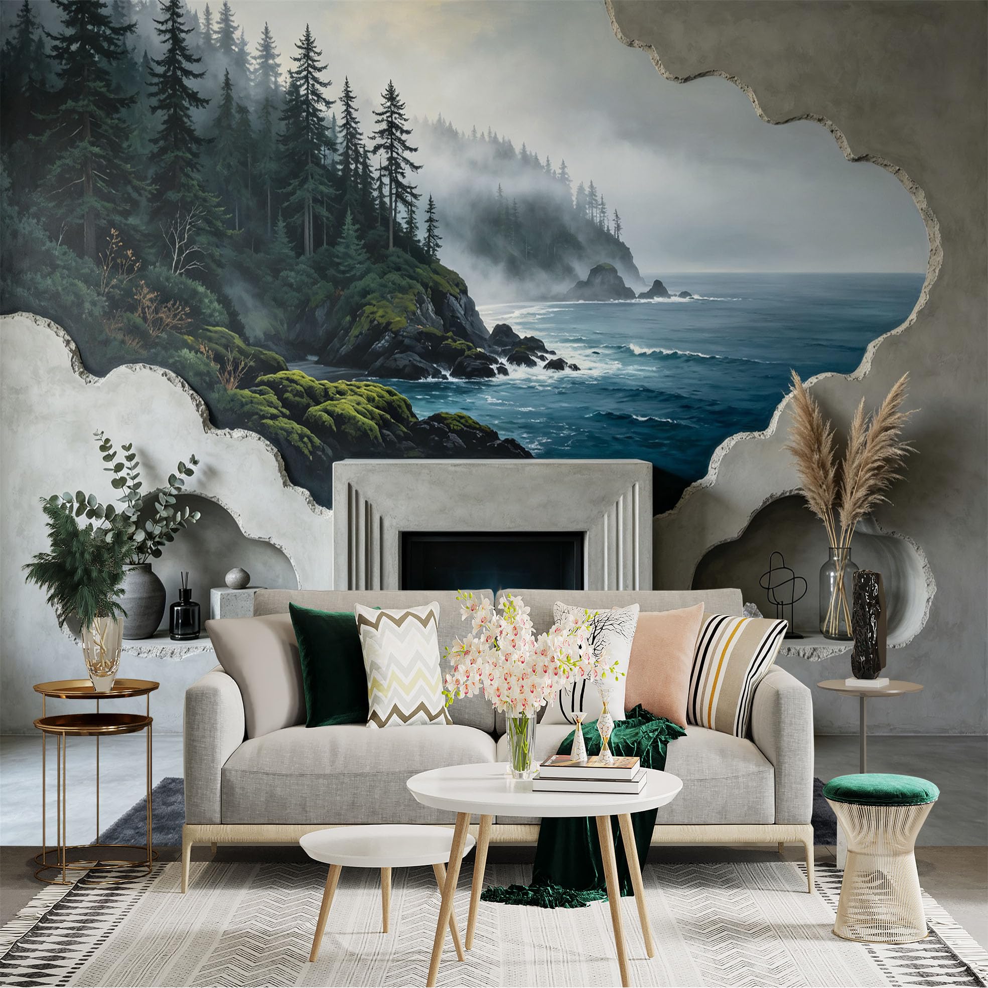Lnzczhyre Bh260719740 Custom Size Wall Sticker Mural， Misty Coastal Landscape， Evergreen Cliffs， Serene Ocean View， Foggy Shoreline， For Wall Decoration， Peelandstick Wall Decals.