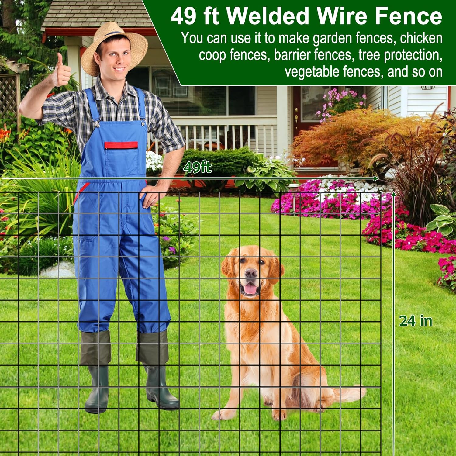 24 in x 49 Ft Welded Wire Fence Black PVC Coated Wire Mesh 2 x 3 in 14GA Garden Fence for Dog Border Fencing Roll Outdoor Animal Barrier Fence with U-Shape Hooks for Yard Plant Vegetable Protection