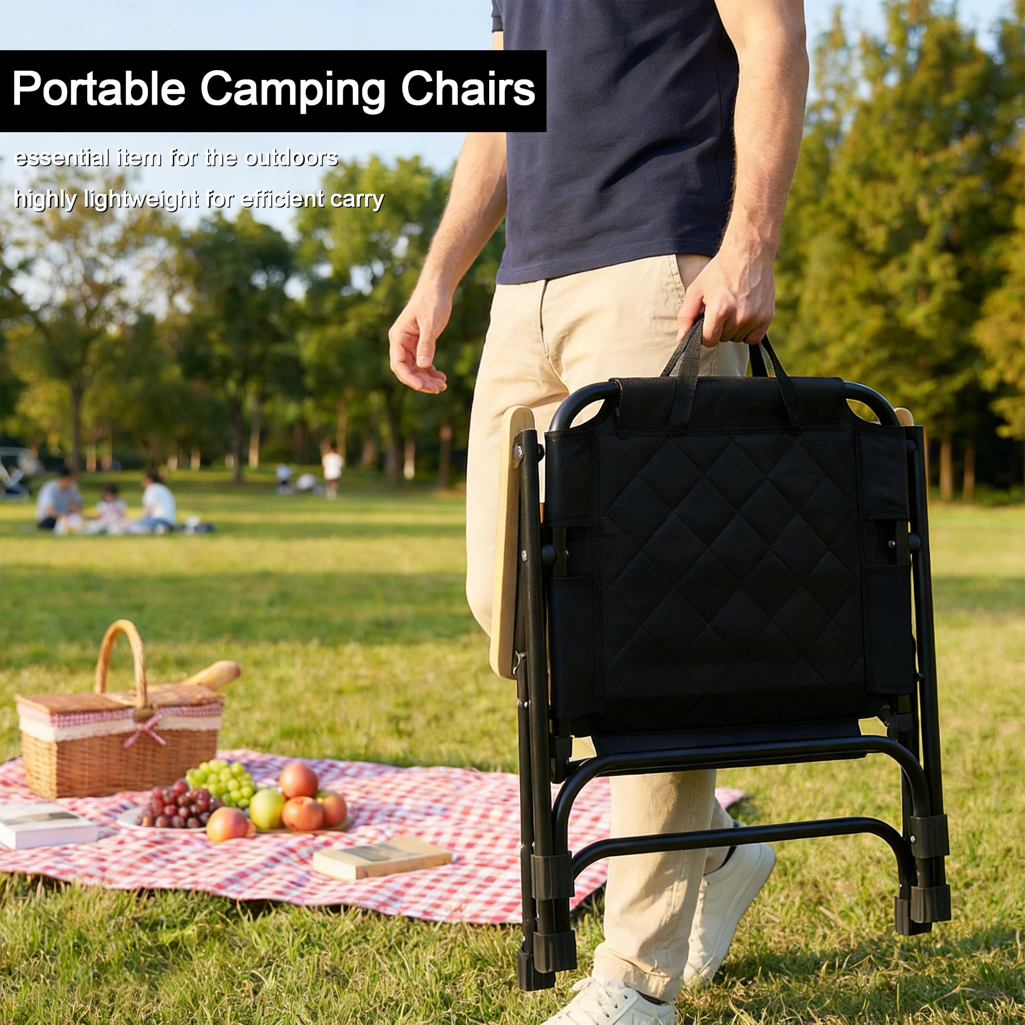 Campingstuhl 2er Set, Campingstuhl Faltbar 150 kg, Camping Sessel Klappbar Kleiner mit Kernbuche Armlehne, Campingstühle aus 600D Oxford-Gewebe, Picknick Stuhl für Camping Garten Terrasse (2, Schwarz)
