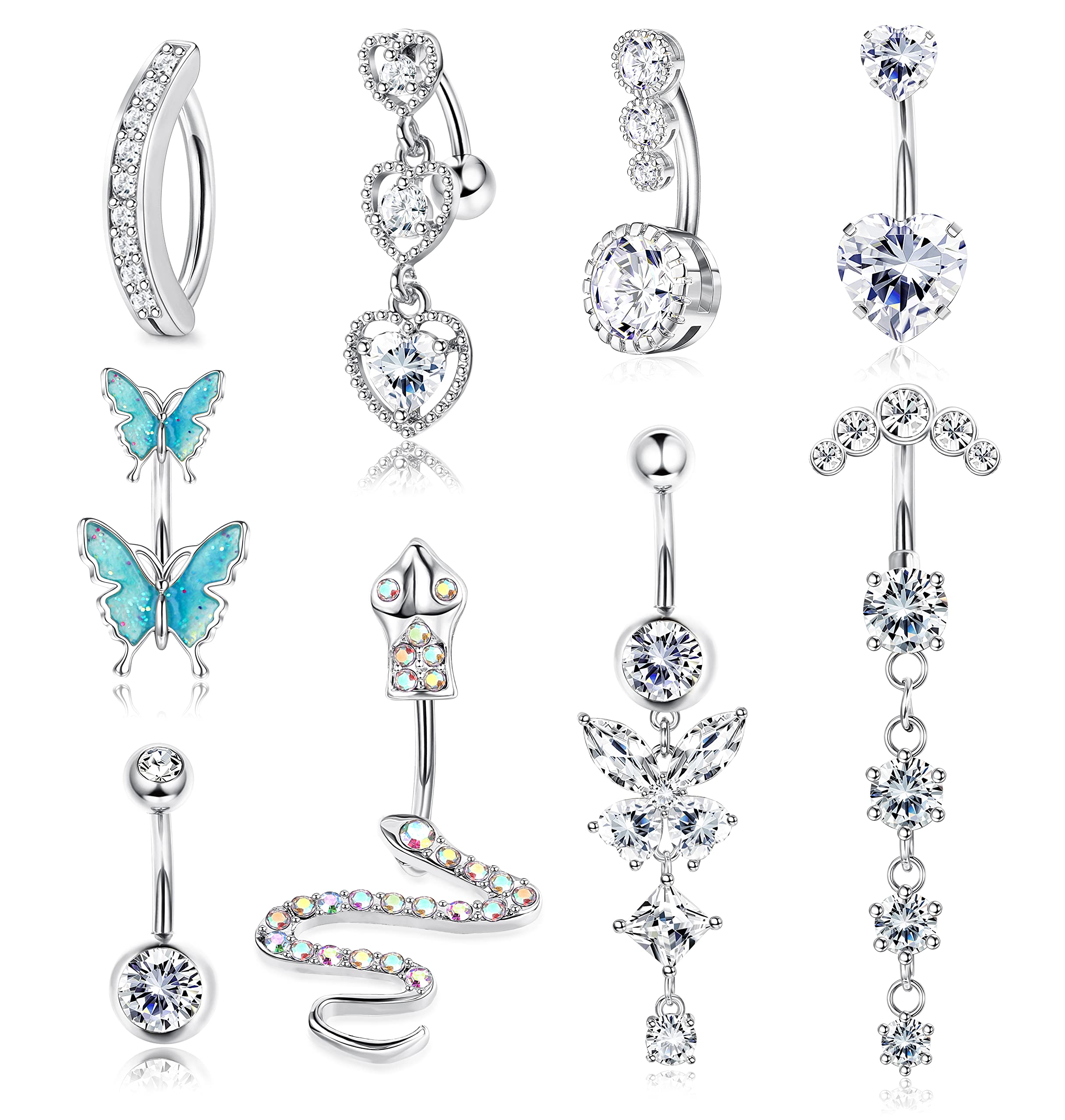 YADOCA 9Pcs 14G 316L Acero Quirúrgico Piercing Ombligo para Mujeres de Largo Dangly Belly Anillos CZ Corazón Serpiente Clicker Mariposa Ombligo Anillos Piercing Set