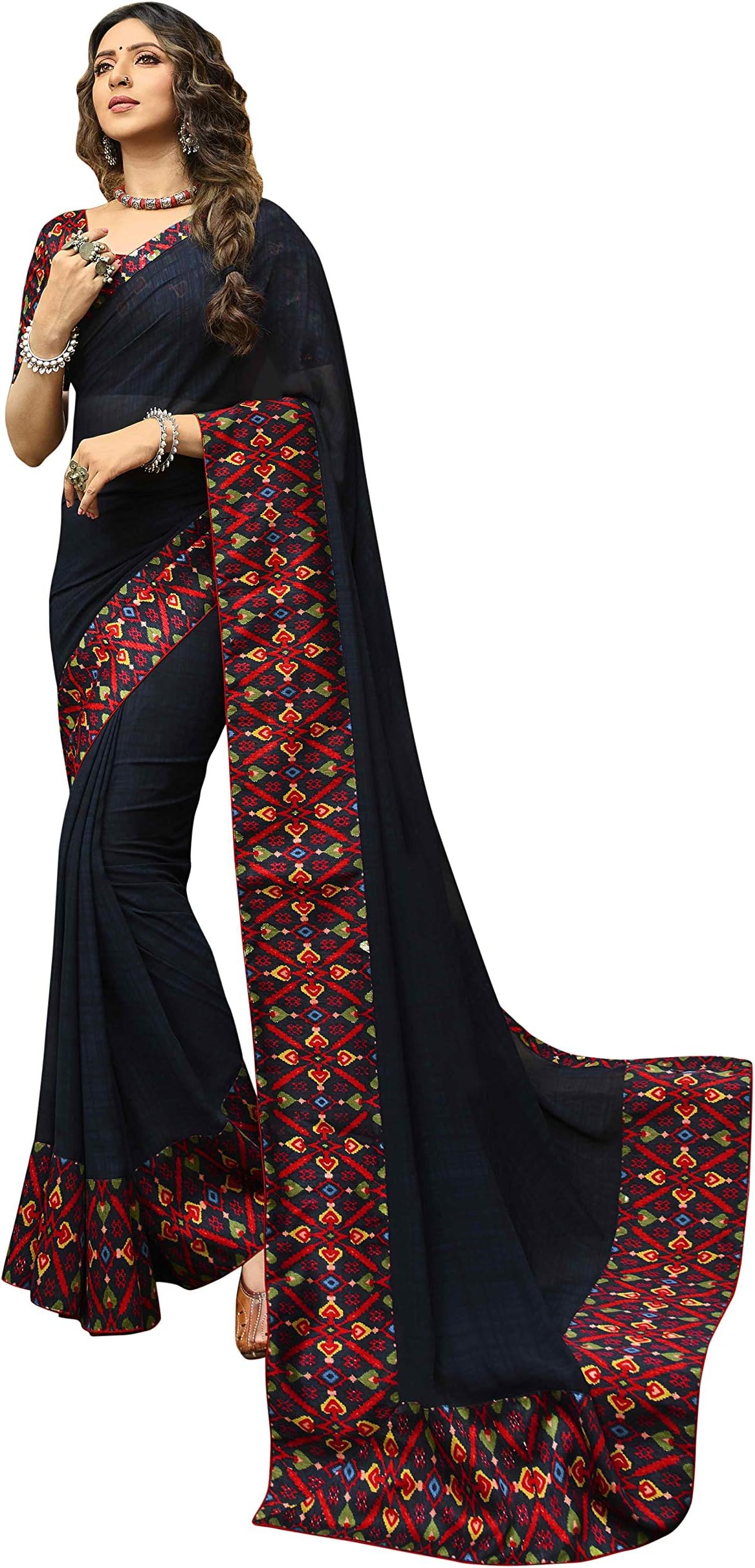 RAJESHWAR FASHION WITH RF Women's Latest Stylish Fancy Floral Printed Georgette Sarees For Festive With Border & Blouse Piece (Multicolored)