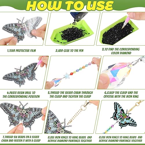 Miniatura 5 de Tradder Juego de 6 carillones de viento de cristal de viento de pintura de diamante 5D, adornos de mariposa de doble cara con colgante de cristal